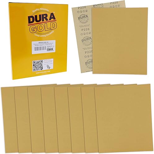 Dura-Gold Hojas de papel de lija doradas de 9 x 11 pulgadas, grano 220 (caja de 10) Carpintería para muebles de madera, pintura automotriz, corte
