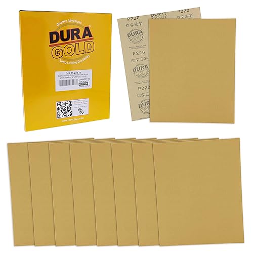 Dura-Gold Premium 9" x 11" Gold Sandpaper Sheets, 220 Grit (Box of 10) - Wood Furniture Woodworking, Automotive Paint, Full-Size Cut to Use on 1/4, 1/3, 1/2 Sheet Finishing Sanders, Hand Sanding Block