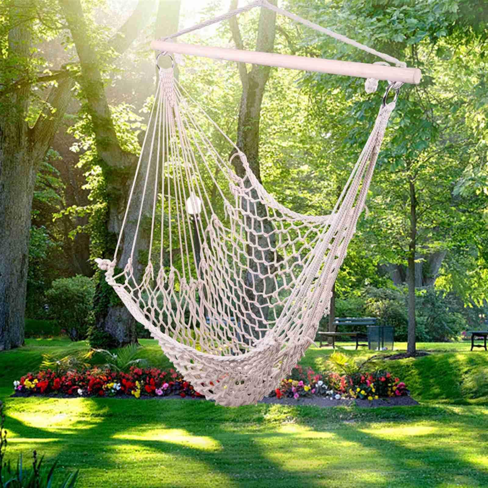 FRITHJILL Hanging Hammock Net Single Chair, Cotton Swing with Hanging Rope, 250 Pound Weight Capacity, Beige