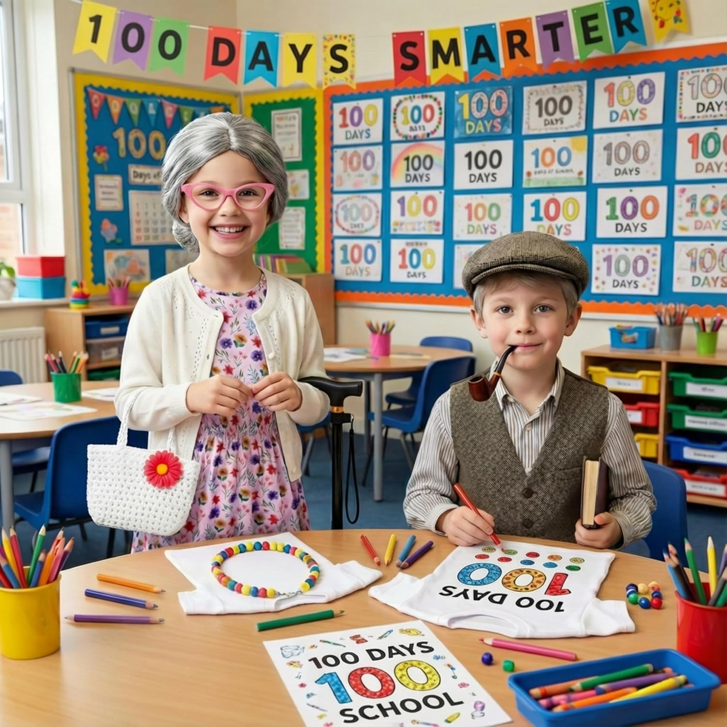 PJT 100 Days of School Girls Old Lady Costume for Kids,Grandma Dress up Granny Wig Glasses Cane for Toddler Cosplay - Image 6