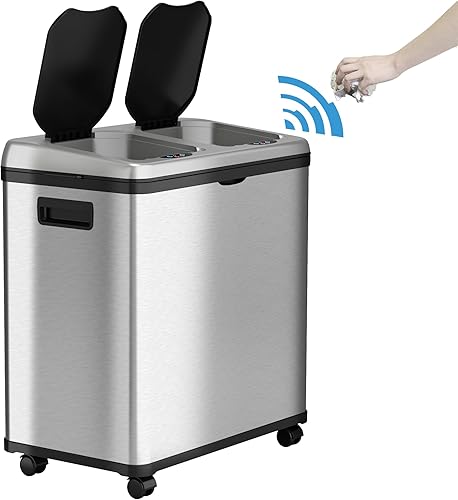 Miniatura 2 de iTouchless Cubo de basura de acero inoxidable de 16 galones / 60L con sensor de doble compartimento para cocina y cubo de reciclaje con ruedas, cubo
