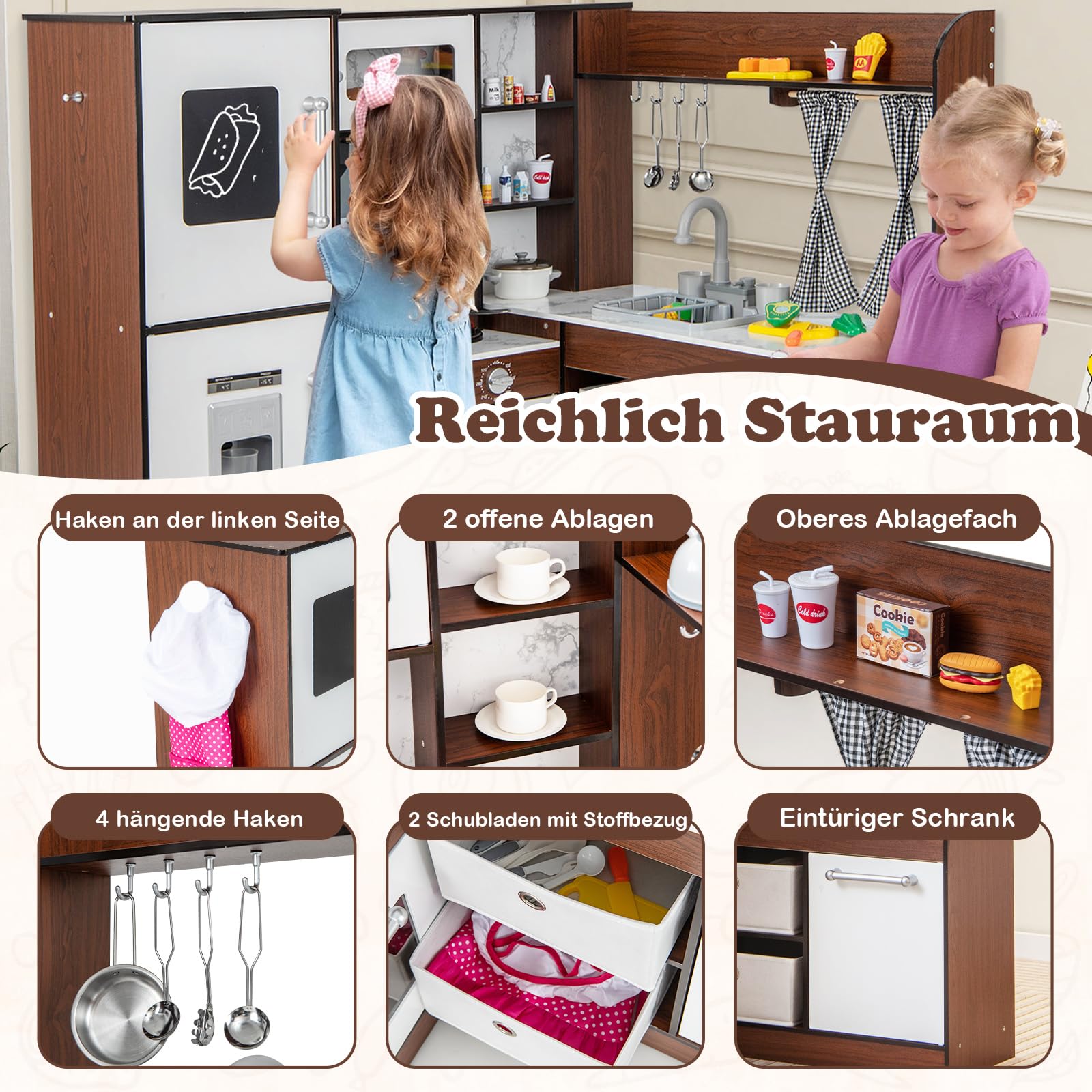 DREAMADE Kinderküche Holz mit 20 TLG. Spielzubehör, Kinder Küche Holzküche Eckküche mit Tafel Herd Spüle Backofen, Spielküche mit Licht und Sound für Kinder ab 3 Jahren