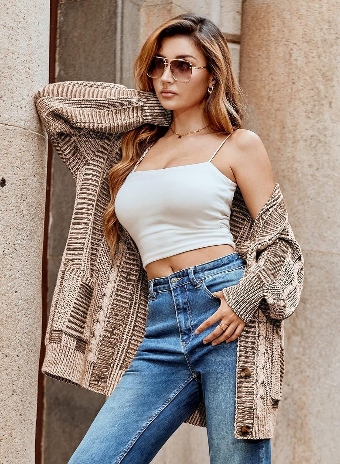 Pink Queen Women's 2026 Oversized Cardigan Sweater Long Sleeve Cable Knit Fashion Outerwear Coat - Image 6