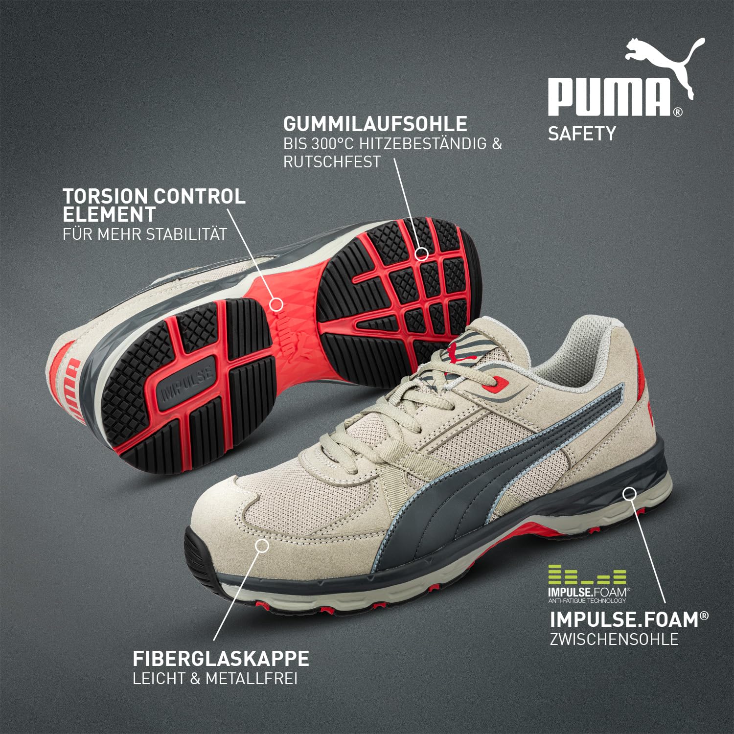 PUMA Safety VANTI Grey Low S1PS ESD FO HRO SR Zapatos de seguridad para hombre, transpirables, antideslizantes, sin metal, tapa de fibra de vidrio, zapatos de trabajo