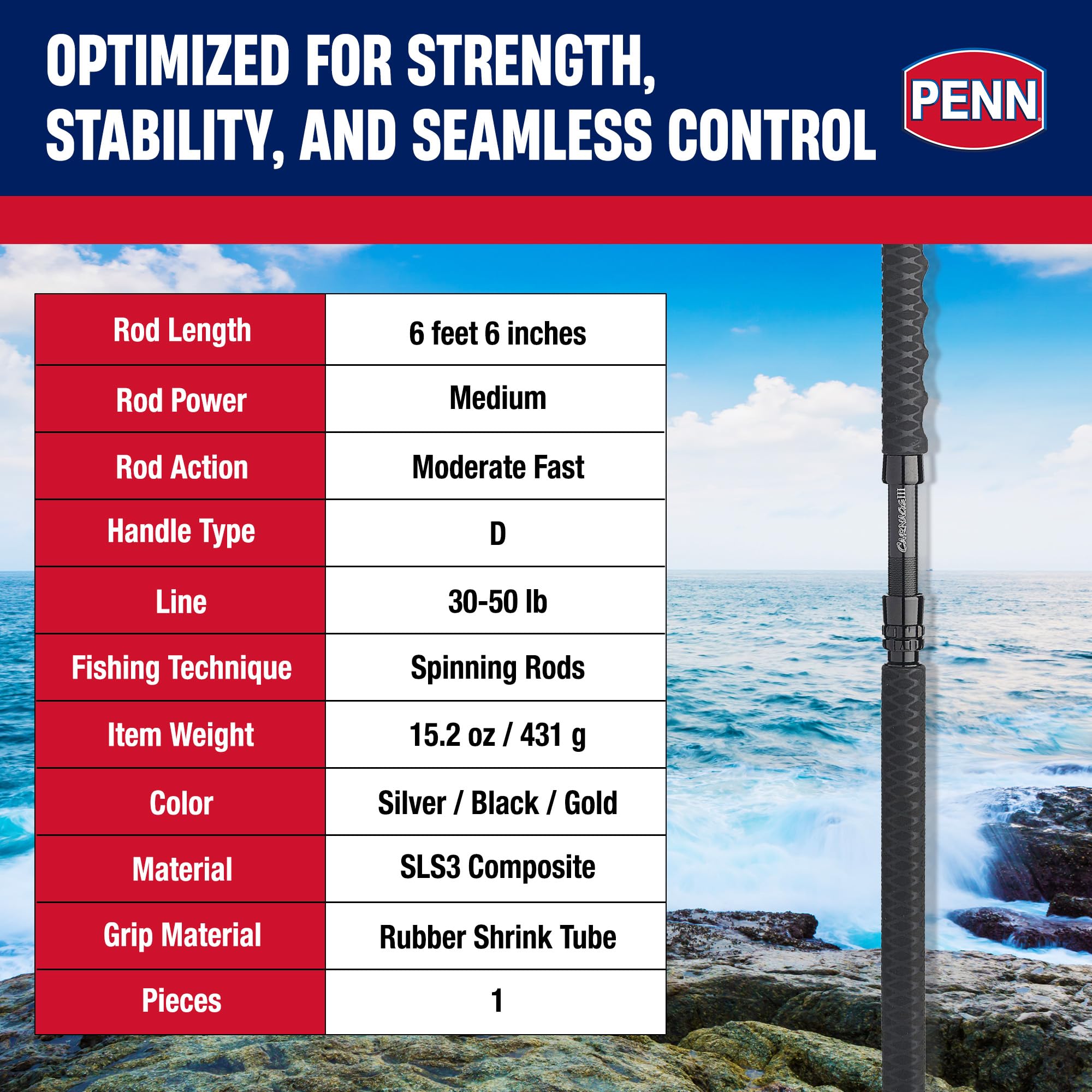 Penn Carnage III Boat Spinning Fishing Rod, Silver/Black/Gold, 6'6