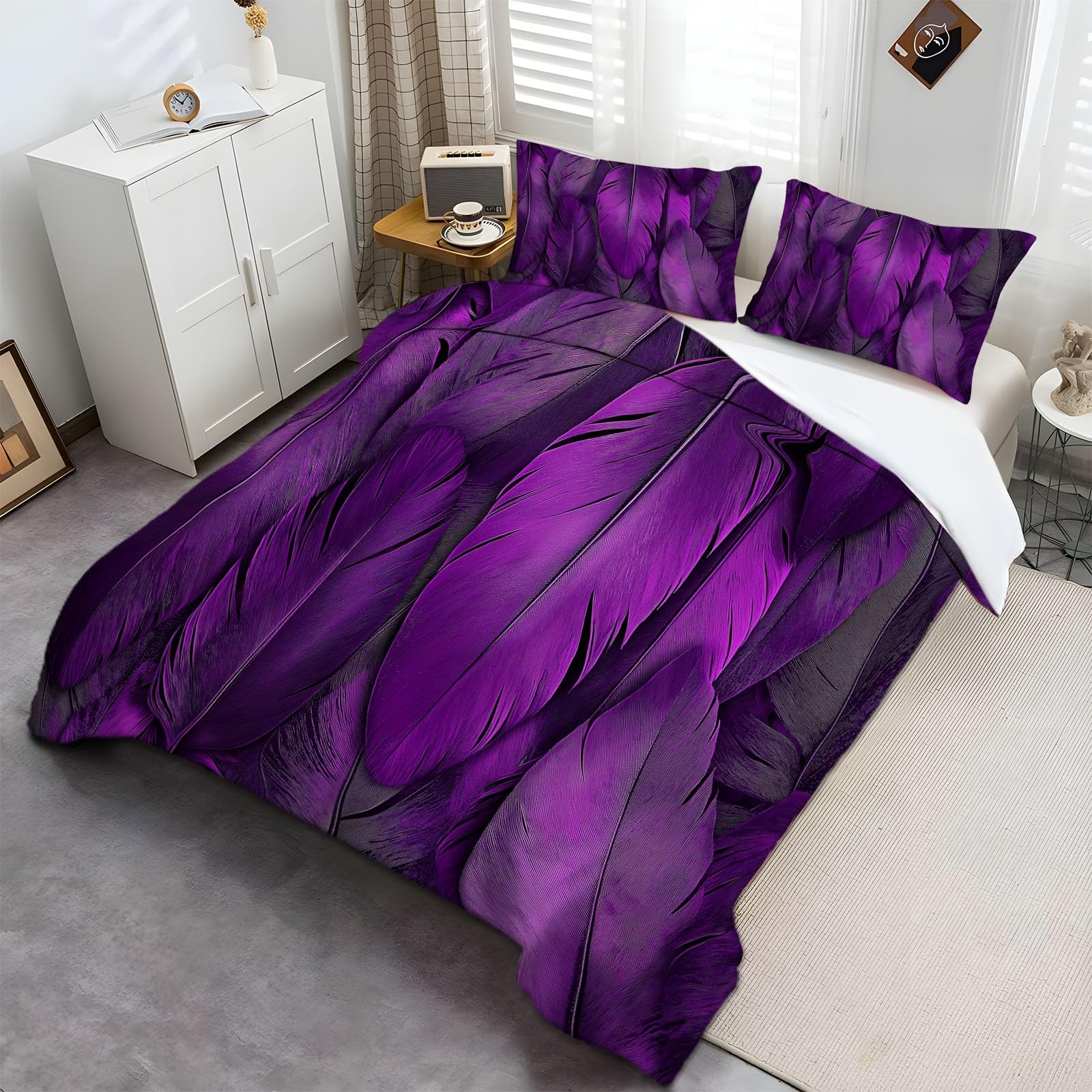 Funda Nórdica 220 x 240 cm Funda Edredon Plumas Moradas Diseño para Dormitorio de los niños, Cama Doble Cama 135/150, + 2 Fundas de Almohada