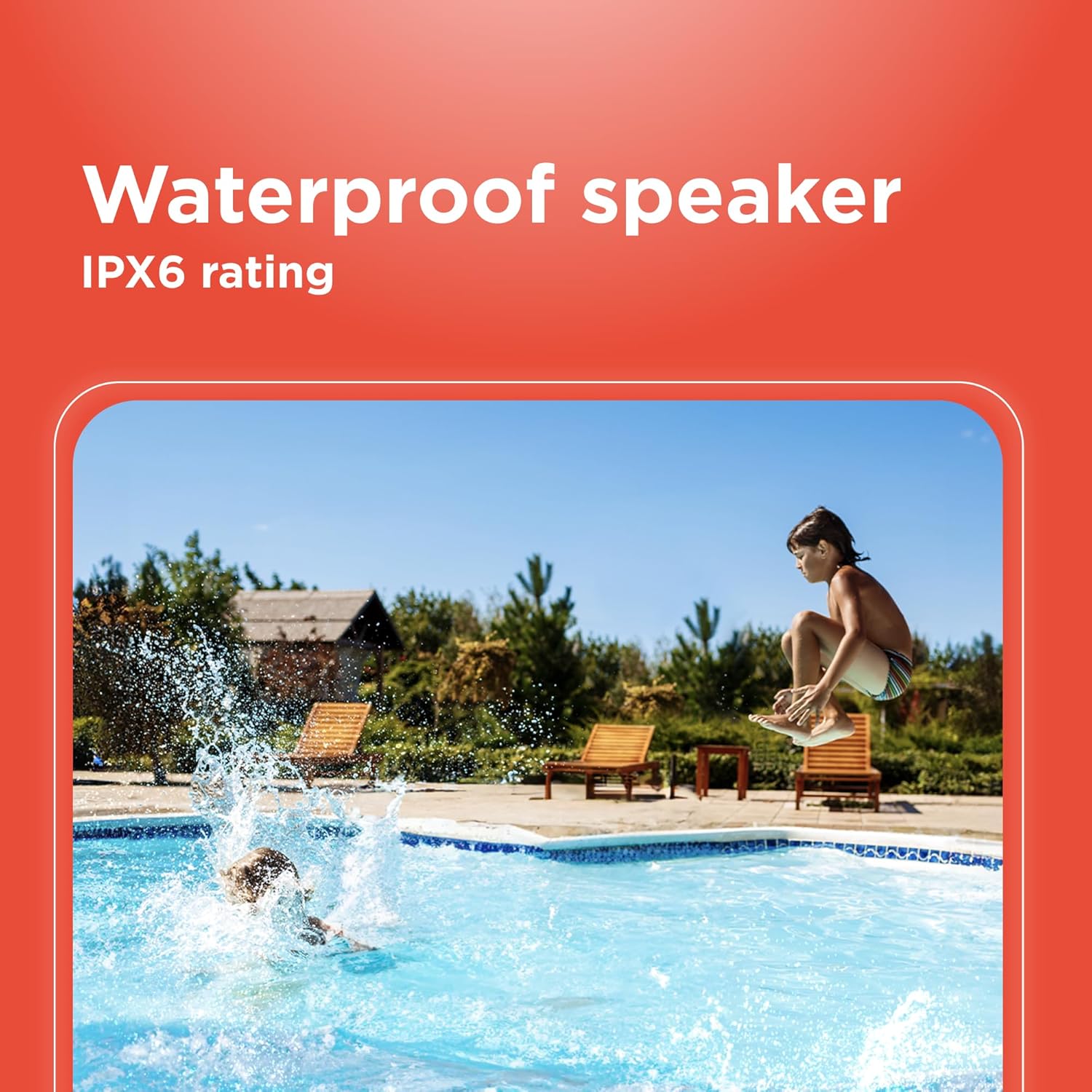 Two children splashing in a swimming pool, illustrating the speaker's waterproof feature