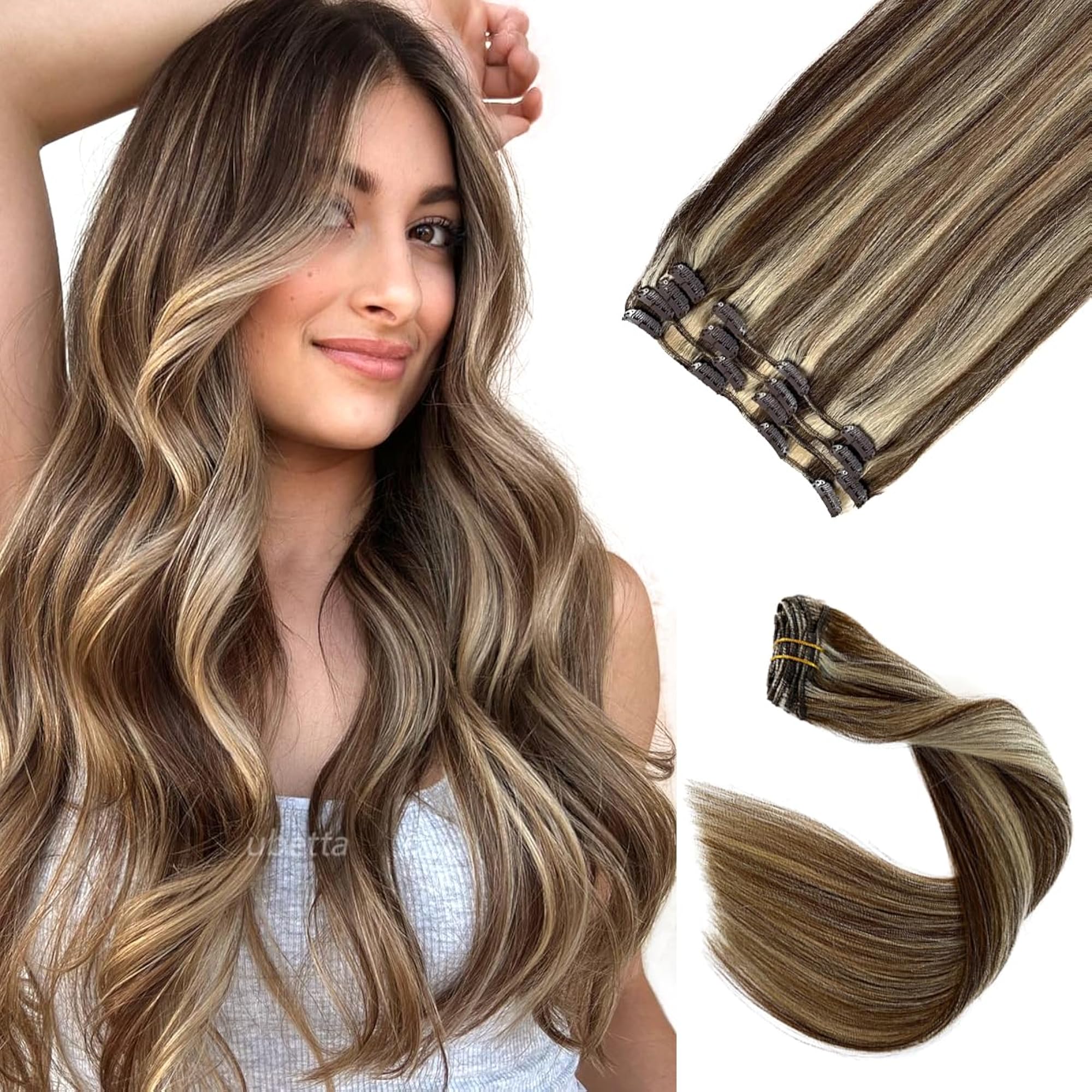 Human Hair Extensions Clip in, Light Brown, 7 Pieces, 70 Gram