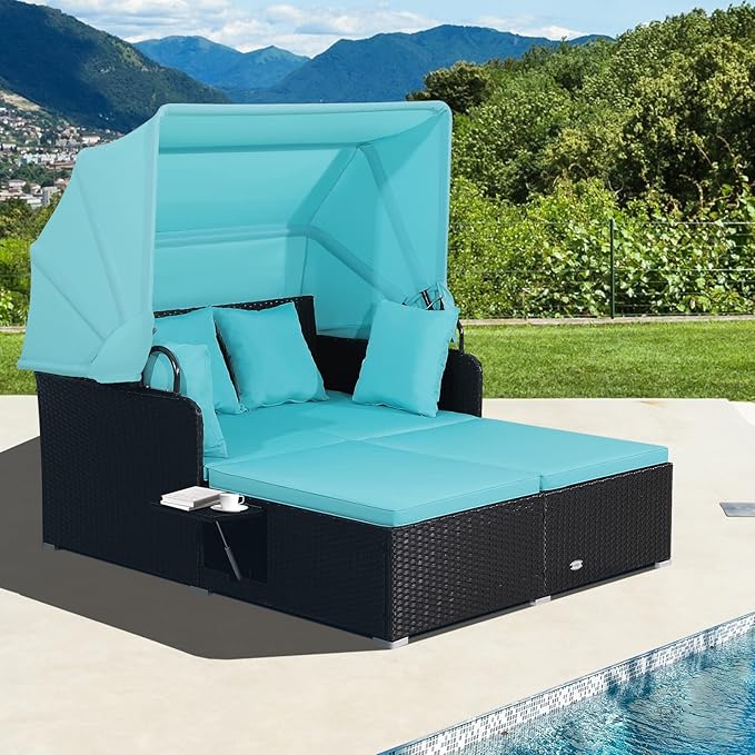 Tangkula Patio Rattan Daybed with Retractable Canopy, Patiojoy Wicker Sun Lounger with 2 Foldable Side Panels, Thick Seat & Back Cushions, for Garden, Backyard, Porch (Turquoise)