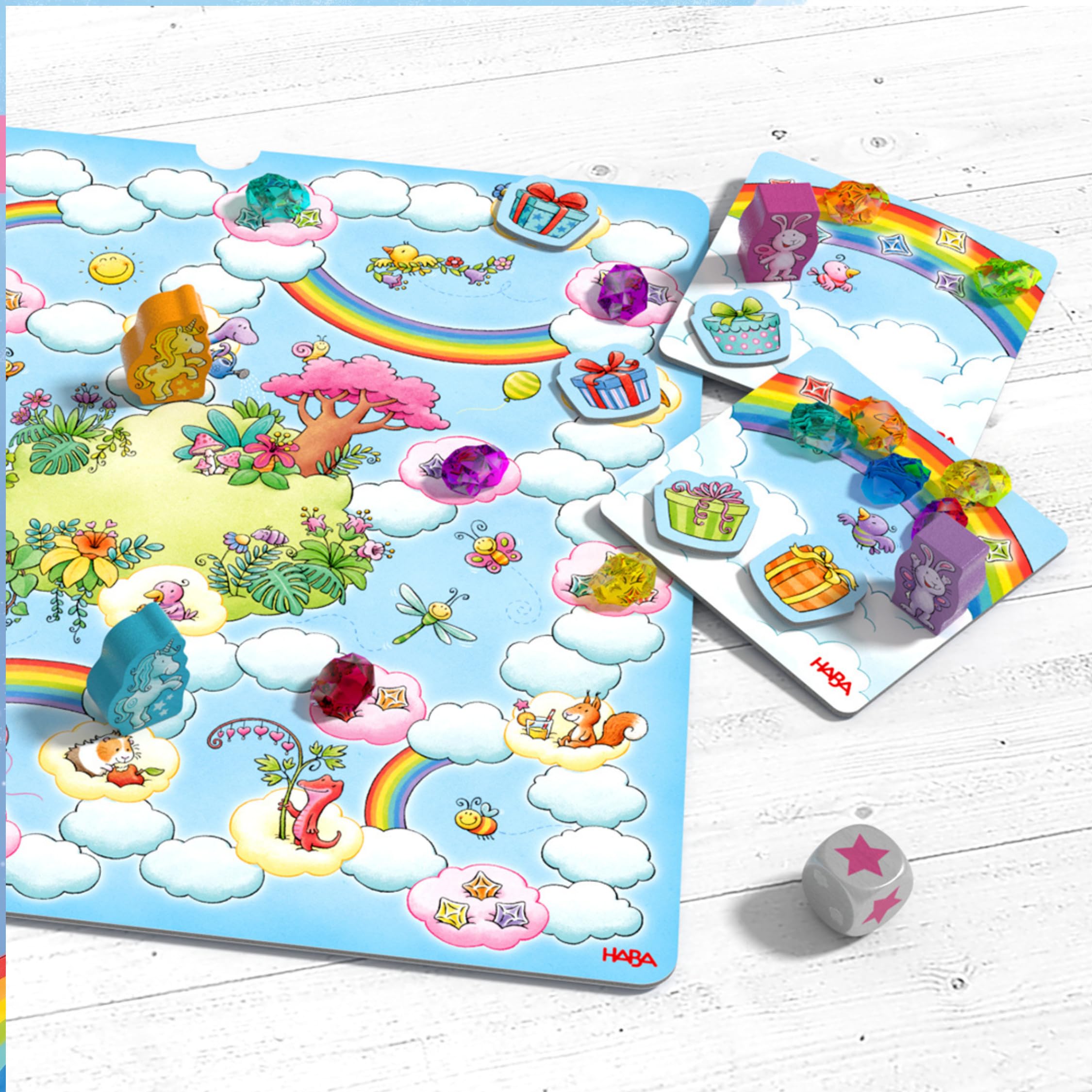 HABA Licornes dans Les Nuages – Collection de Jeux à partir de 3 Ans avec 9 Jeux de dés, de Cartes et de Plateau variés pour 2 à 4 Enfants, faciles à Expliquer – 2012231002
