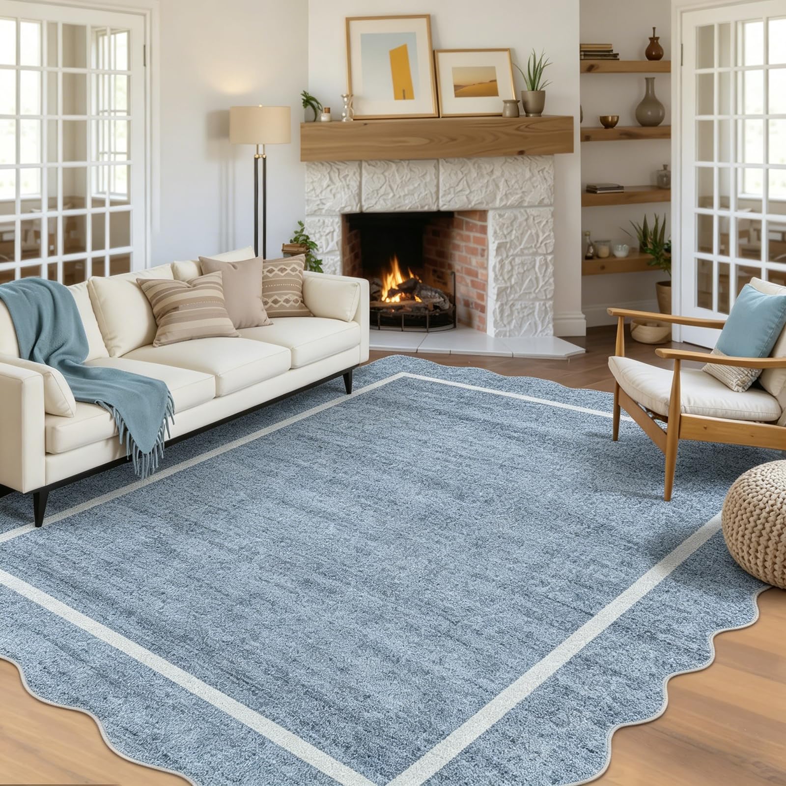 CAROMIO 200x290cm Modern Scalloped Rug Washable for Living Room Light Blue
