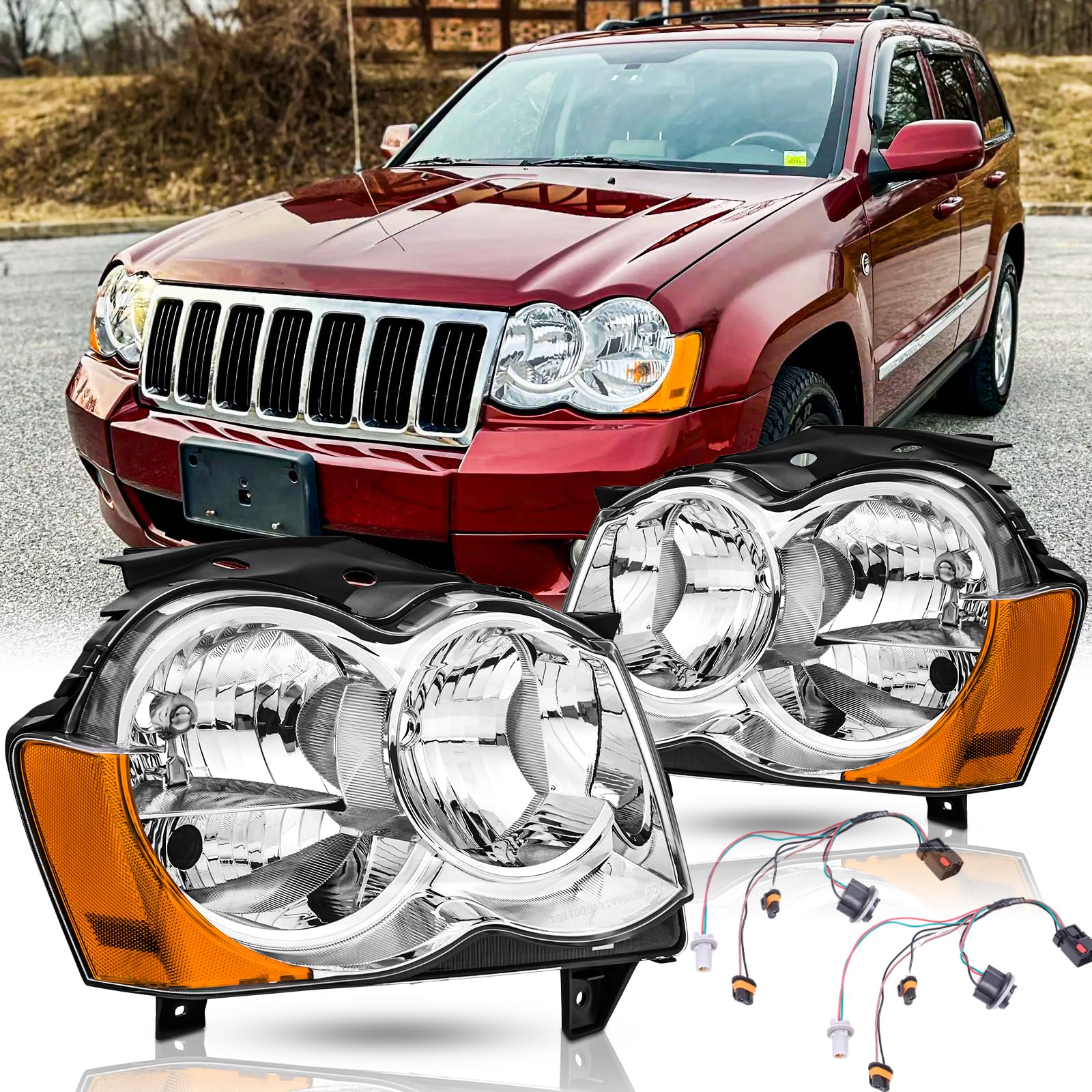 Headlights Assembly Pair for 2008 2009 2010 Jeep Grand Cherokee Halogen Headlamps Headlight Replacement 08 09 10 Jeep Grand Cherokee Head Lights with Wiring Harness,Chrome Housing Amber Reflector