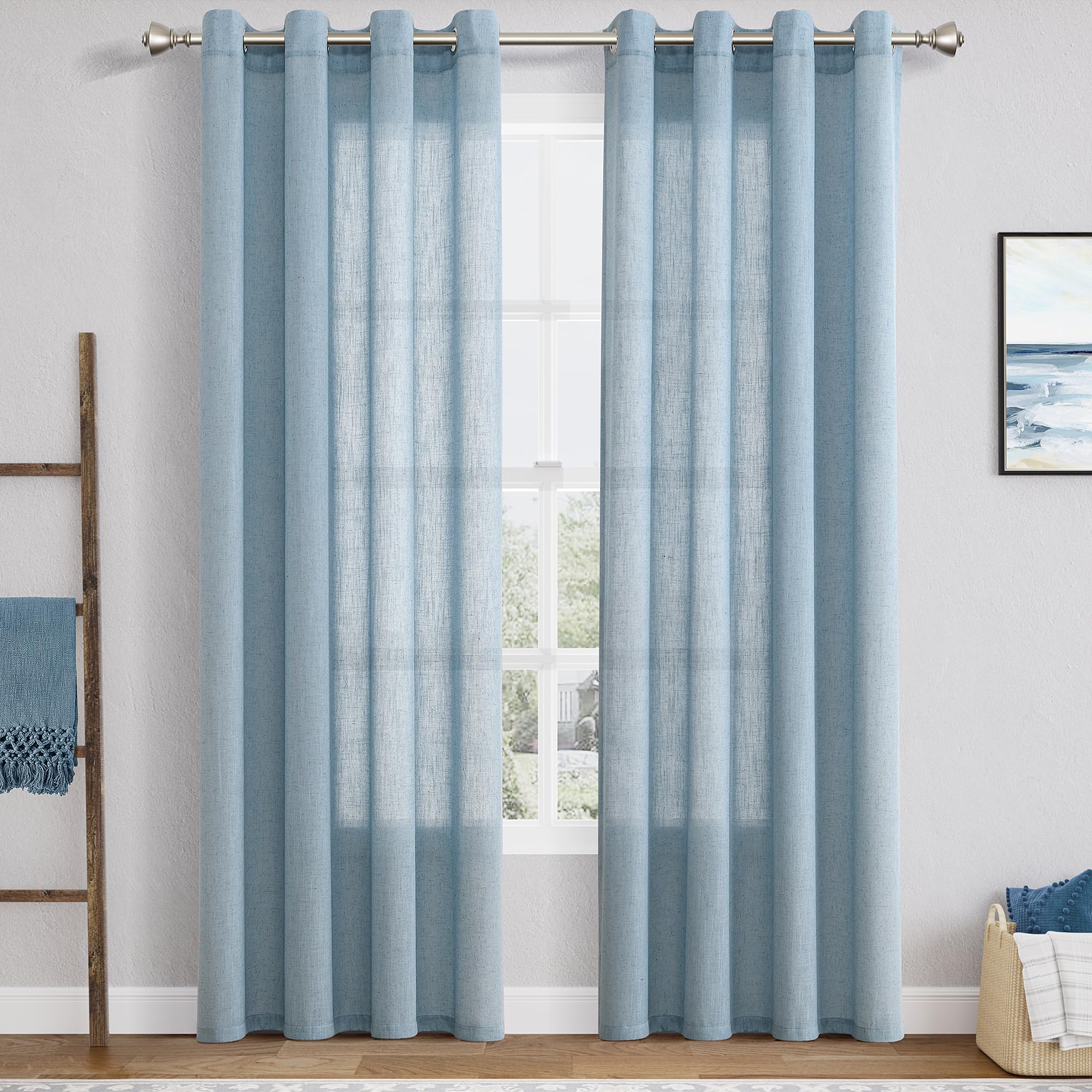 Blue Curtains 84 Inch Length 2 Panels Set for Bedroom 2 Panels Set Grommet Faux Linen Semi Sheer Light Filtering Curtains Dirty Blue Aesthetic Window Curtain Drapes for Living Room Bedroom 52X84