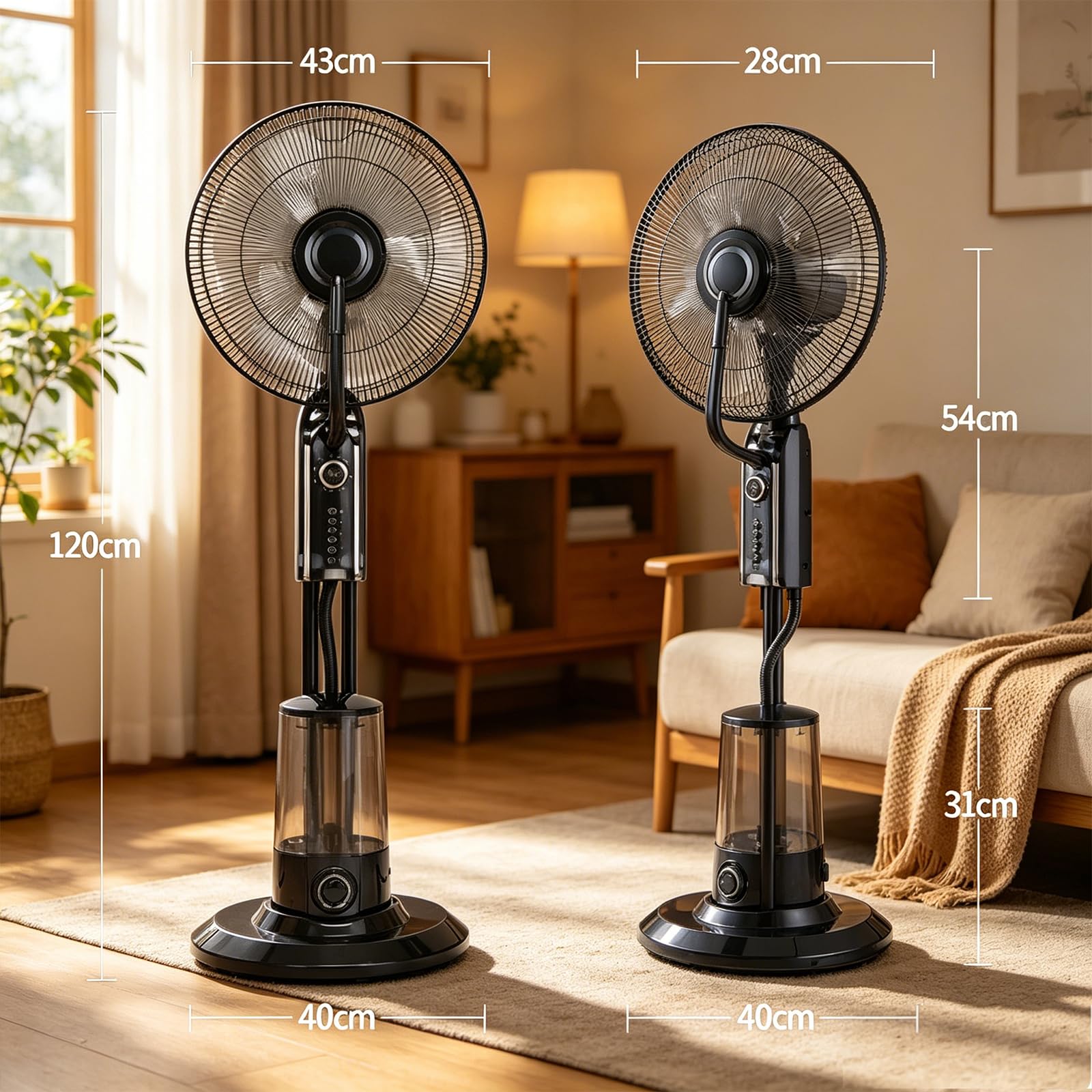Wentylator na podstawkę 75W z funkcją mgiełki, do salonu | Wentylator stojący 3 prędkości, duży zbiornik 3,2L, timer 60 minut, regulowana mgiełka, chłodzenie z oscylacją 90°