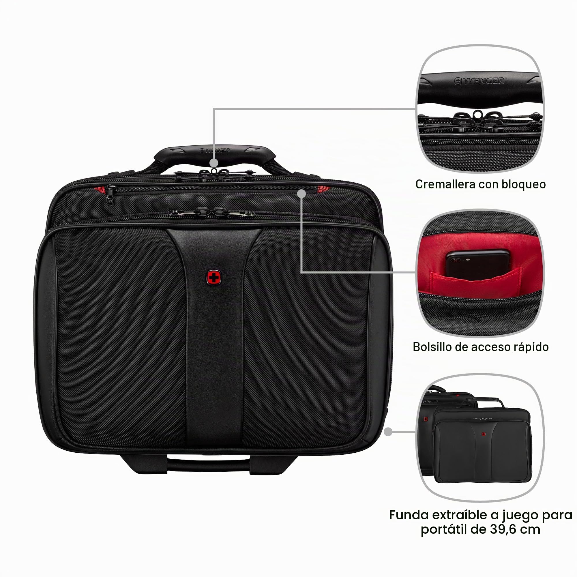 Wenger Patriot Maletín de 2 Piezas para portátil de hasta 17 Pulgadas, Funda extraíble para portátil de 15,6 Pulgadas, 25 l, Mujer Hombre, Oficina Viajes Negocios, Negro, 600662