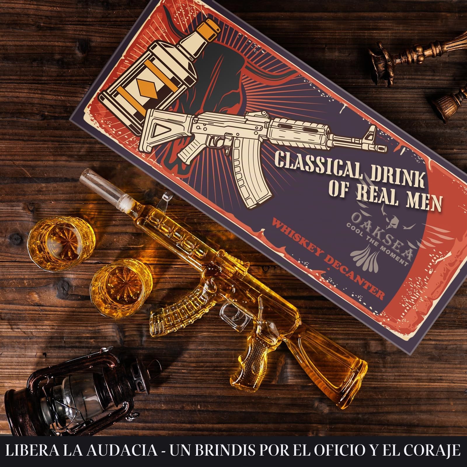 Oaksea Juego de regalo de whisky de Navidad para hombres, juego de decantador de whisky AK47 con 2 vasos, regalos de cumpleaños únicos para papá abuelo, regalos secretos geniales de Papá Noel para él