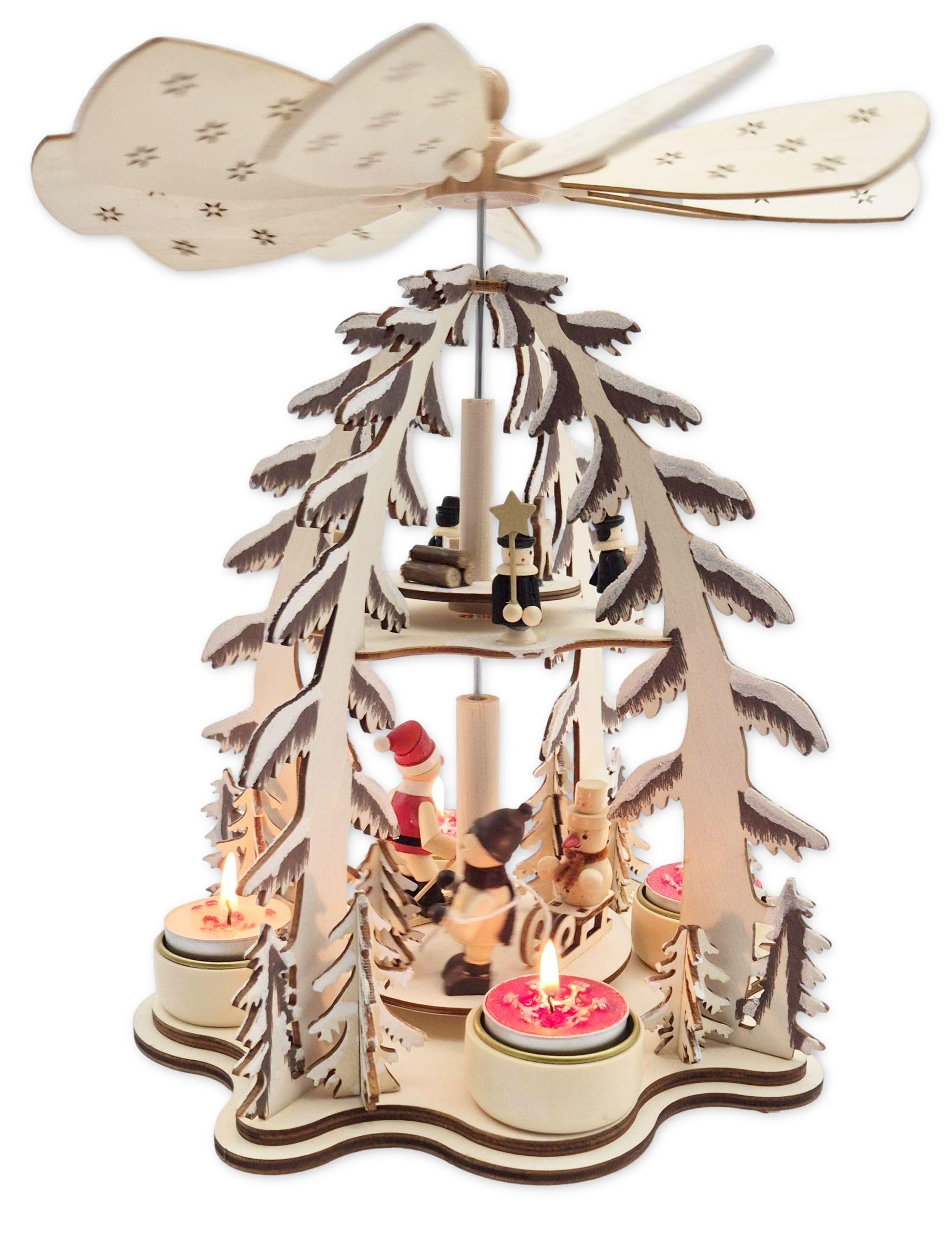 Wichtelstube-Kollektion XL Weihnachtspyramide Skifahrer und Sternensinger, Pyramide für Teelichter Weihnachten Weihnachtsdeko Holz mehrere Ebenen 30cm groß
