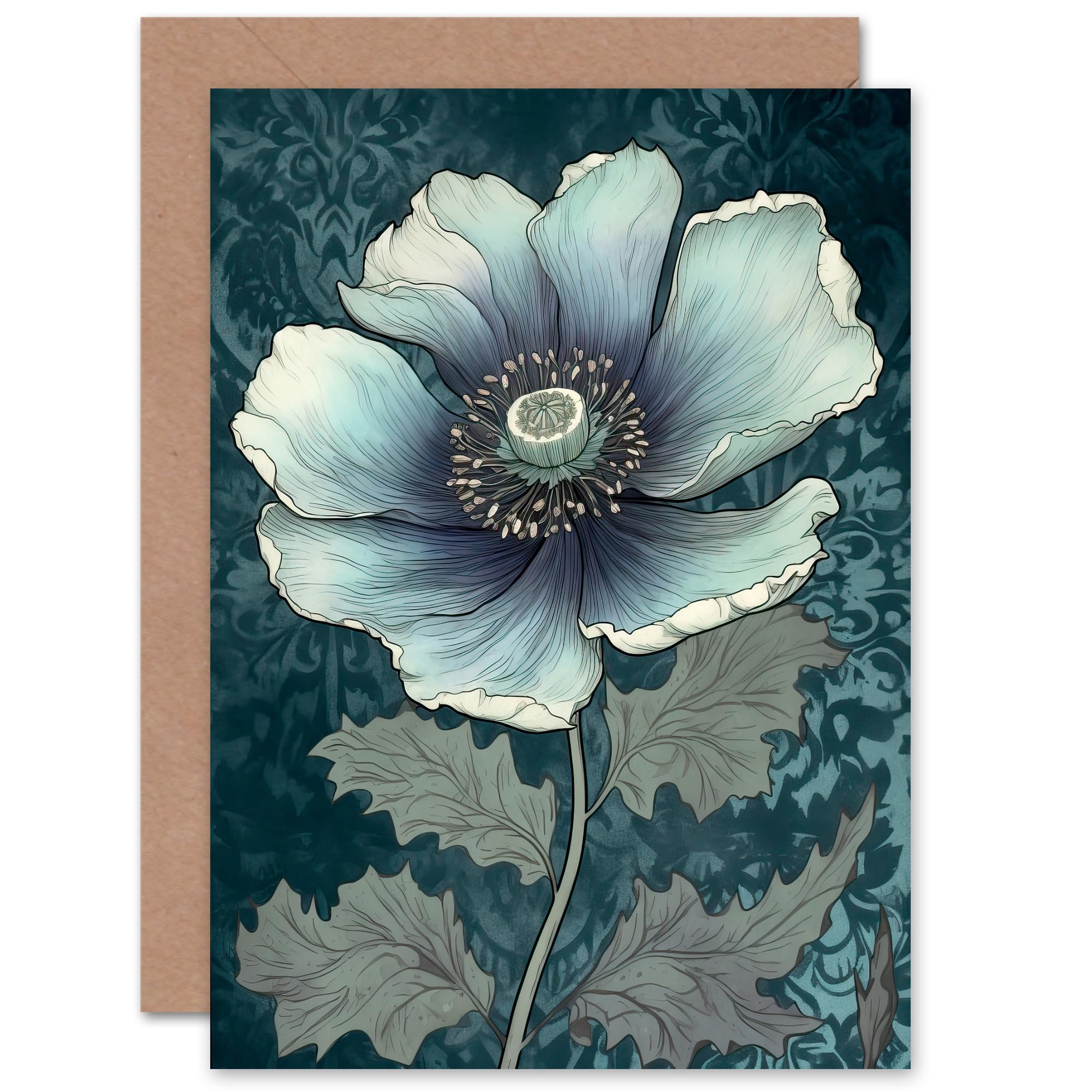 Artery8 Anemone Flower Bloom Teal Blue Watercolour for Wife Her Mum Sister Daughter Mom Gran Nan Birthday Thank You Get Well Soon Blank Art Greeting Card