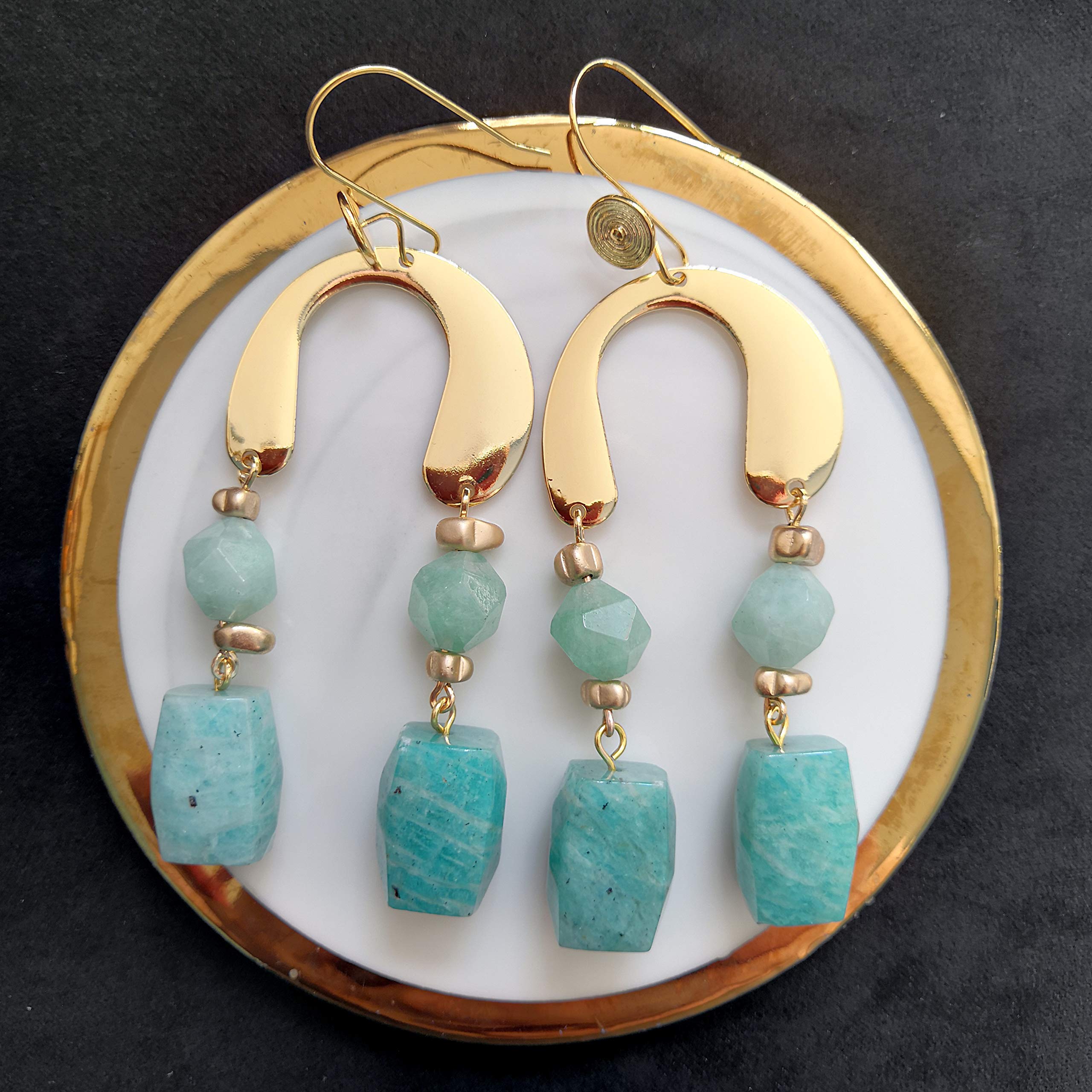 Colección de Navidad 2020 - Serie"Still Golden and Then Some" - Pendiente de amazonita facetada súper grande de 17 mm hecho a mano y pendiente de gota de jade verde facetado de 10 mm