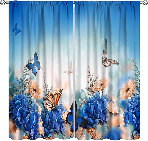Cortinas de mariposa azul floral para el hogar, decoración romántica floral para ventana, cortinas decorativas para dormitorio, sala de estar,
