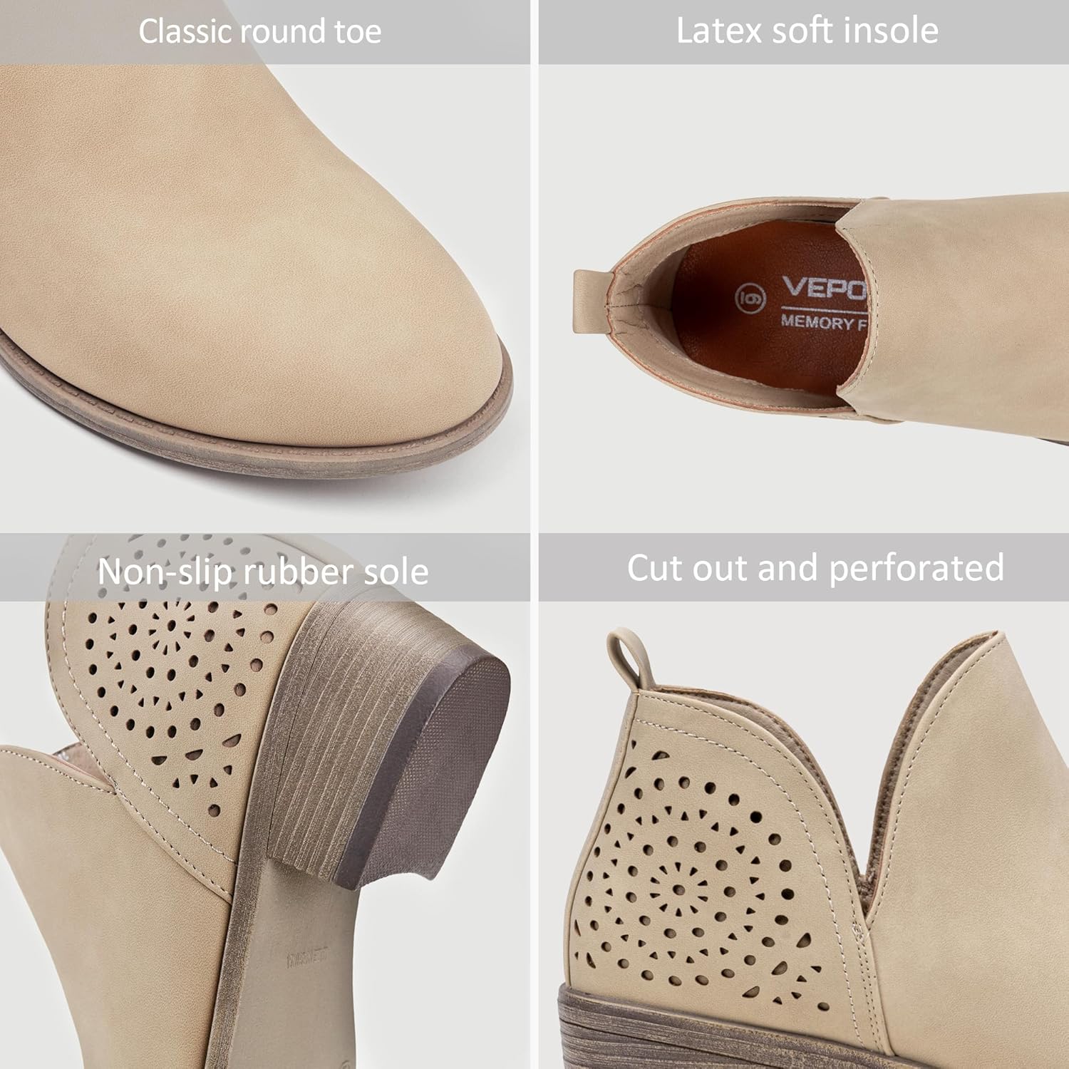 Vepose Women's Short Ankle Boots Low Heel, Western Cutout Perforated Booties - Image 5