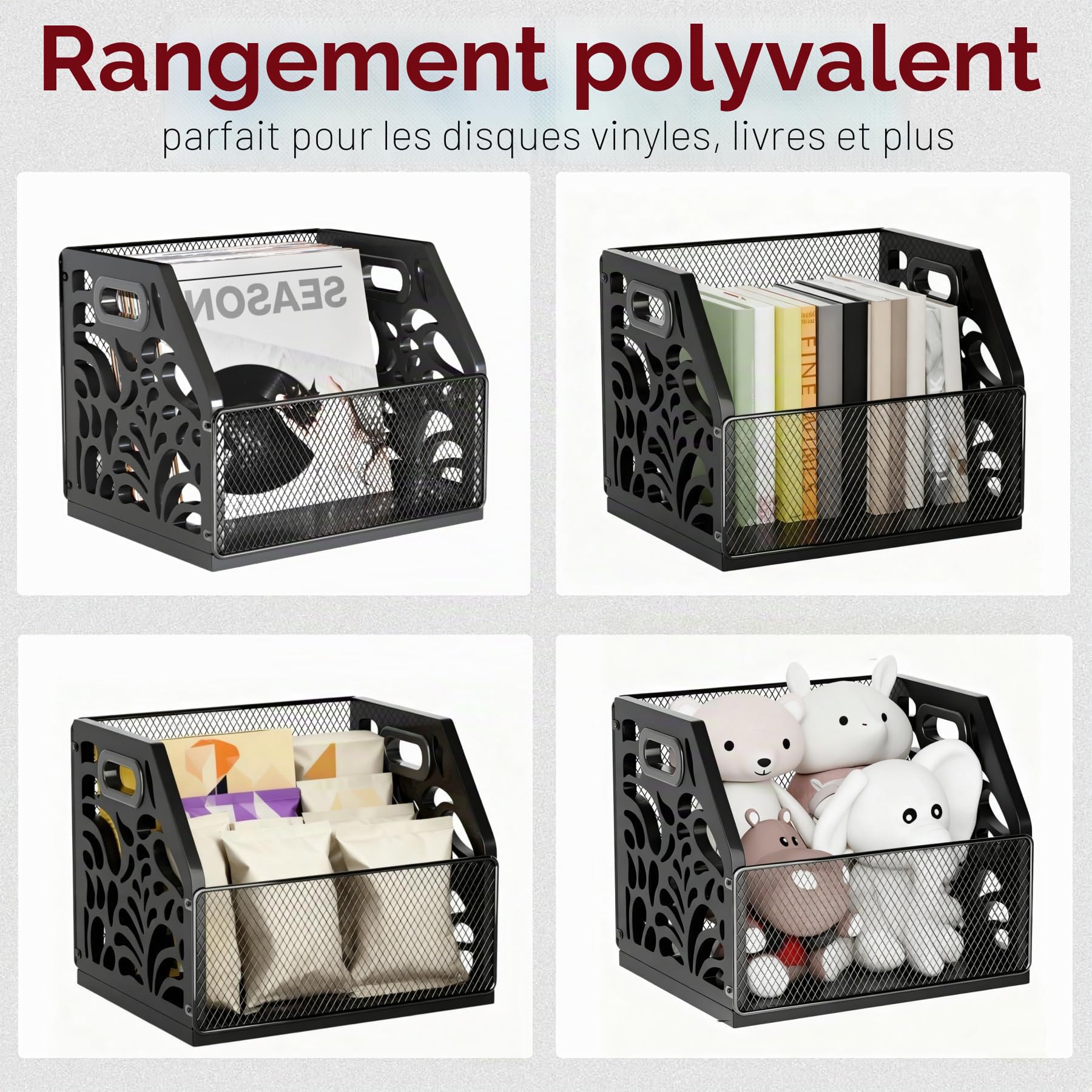Support de rangement en vinyle pour disques vinyles et plus de 70 LPs, albums, CD, magazines, livres, journaux, design décoratif, noir