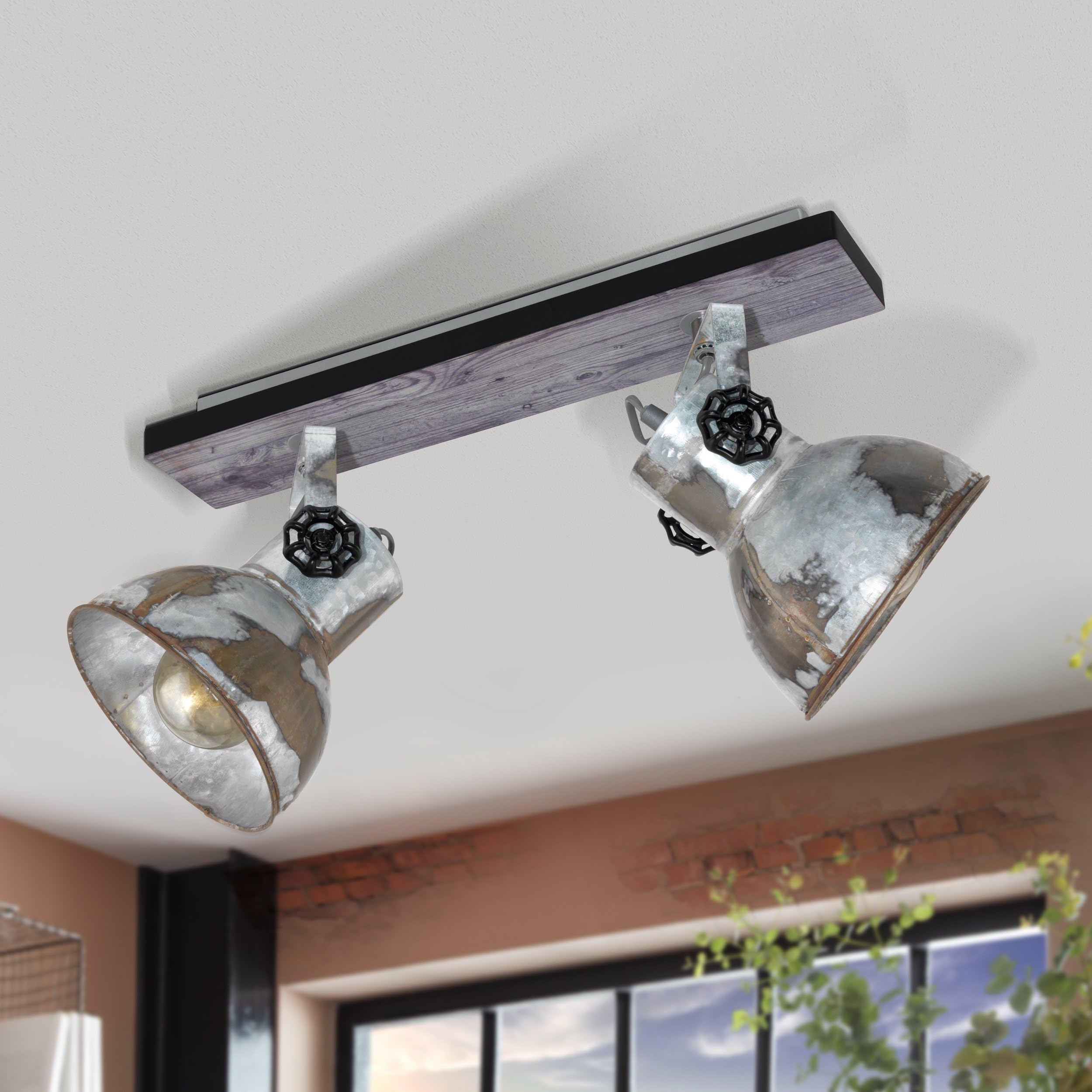 Eglo GLO Barnstaple Lámpara de techo vintage de 2 focos, spot de techo | de diseño industrial, retro, de acero en zinc de aspecto usado, madera, aspecto oxidado, negro, casquillo E27