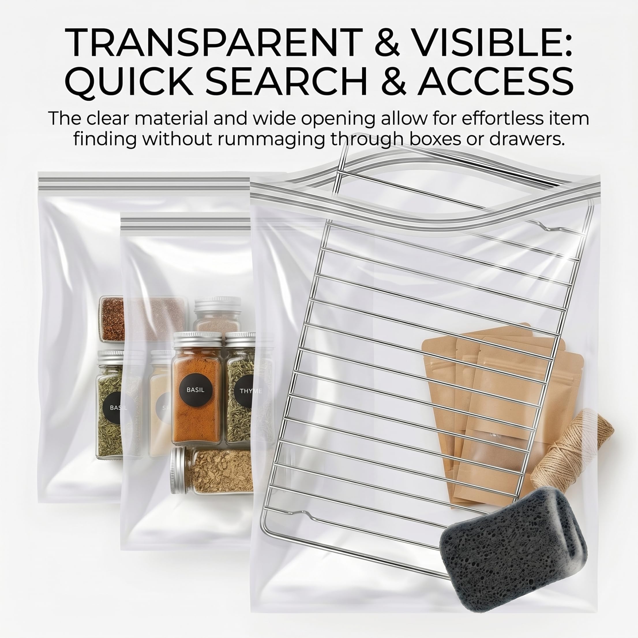 Lot de 3 sacs de nettoyage pour grille de four et rangement sous vide, en polyéthylène épais, transparent, 80 x 60 cm