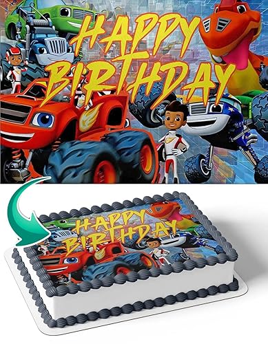 CAKECERY Blaze and the Monster Machines Racers - Decoración comestible para pastel de cumpleaños, 1/4 hoja