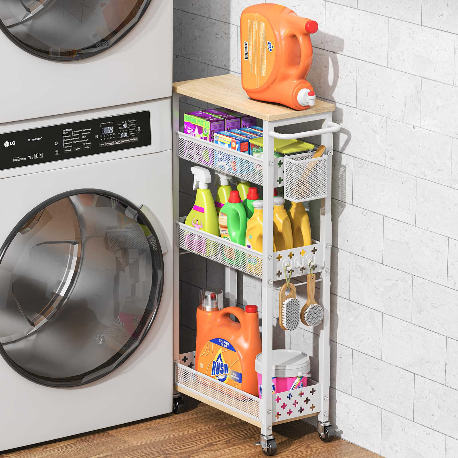 MJIMKE Utility Slim Rolling Storage Cart with Wheels, 4 Tier Narrow Metal Kitchen Cart Bathroom Laundry Room Organization Trolley with Wood Rack and