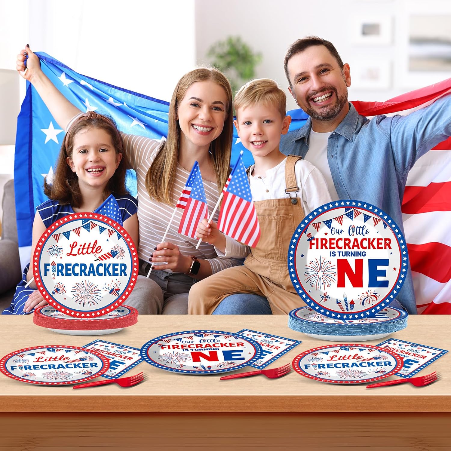 gisgfim 96Pcs Little Firecracker First Birthday Plates and Napkins Party Supplies 4th of July Party Tableware Set Independence Day Patriotic Paper Dinner Birthday Decorations Favors for 24 Guests