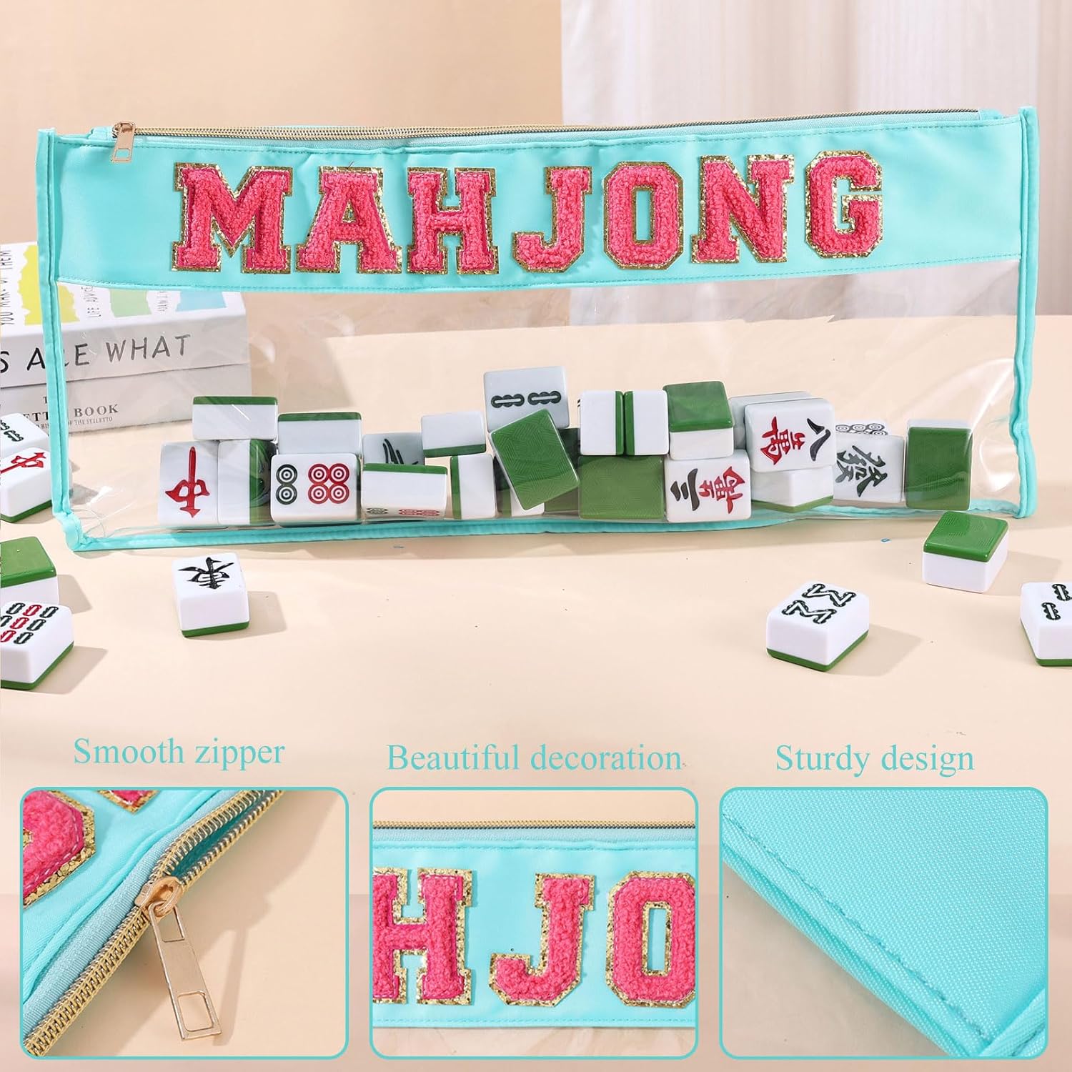 WREWING Empty Mahjong Tile Bag, Clear Mahjong Case for American Mah jong Set, Letters Mahjongs Bags with Zippered, 20.67 x 9.65 Inches, Case Only, Gift for Mah Jong Lover (Blue)