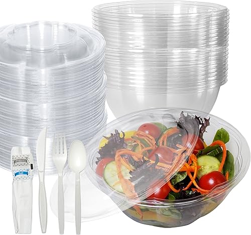 Miniatura 1 de Cuencos para ensalada de 32 onzas con tapas y cubiertos (300 unidades)  Recipientes de ensalada desechables de plástico transparente  Para almuerzo,