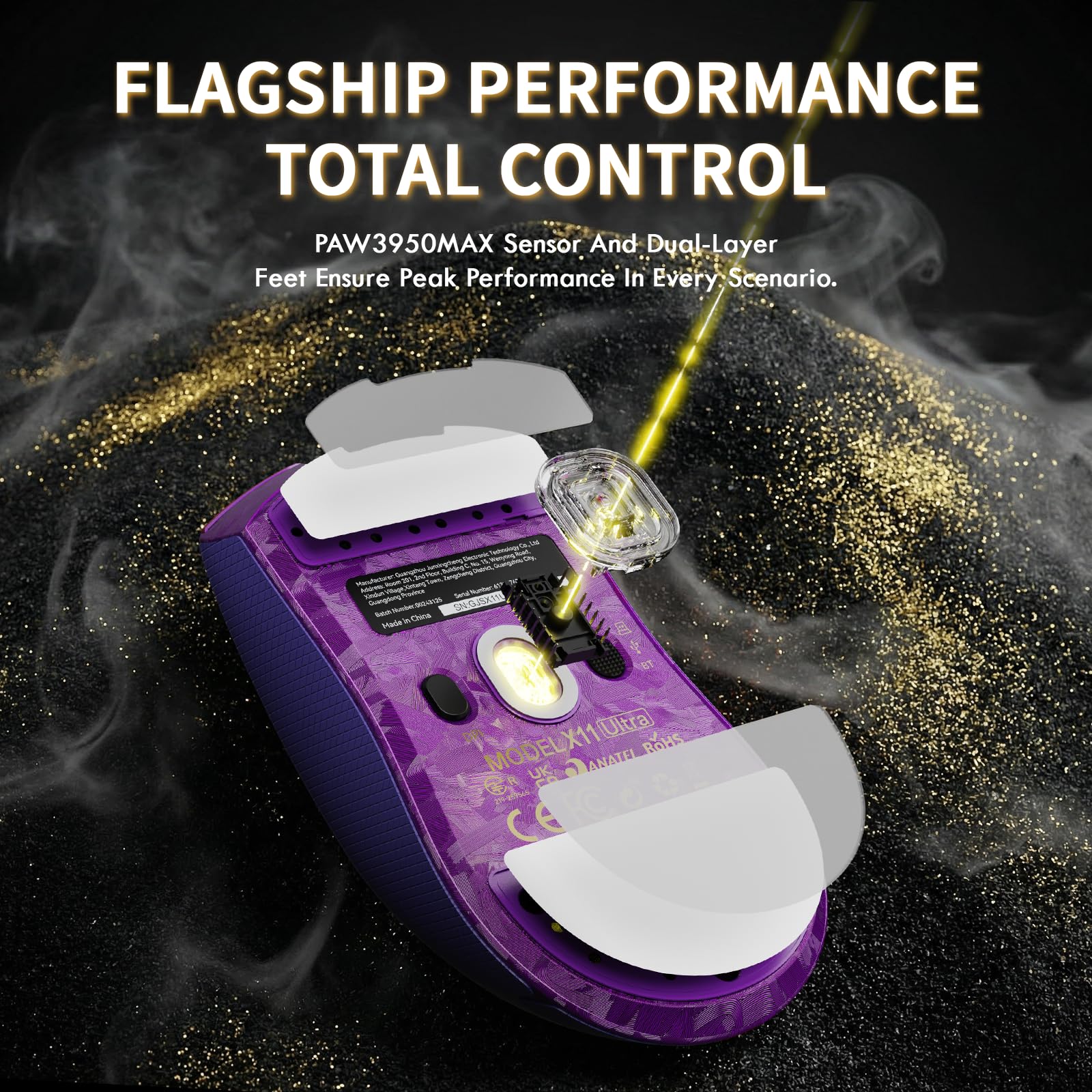 ATTACK SHARK X11 Ultra Ratón Gaming Inalámbrico con Cable C06 Ultra LED, Fibra de Carbono, MCU 54L15, PAW3950MAX, 8000Hz, BT/2.4G Inalámbrico/con Cable, 42000 dpi (Morado + Cinta de Agarre)