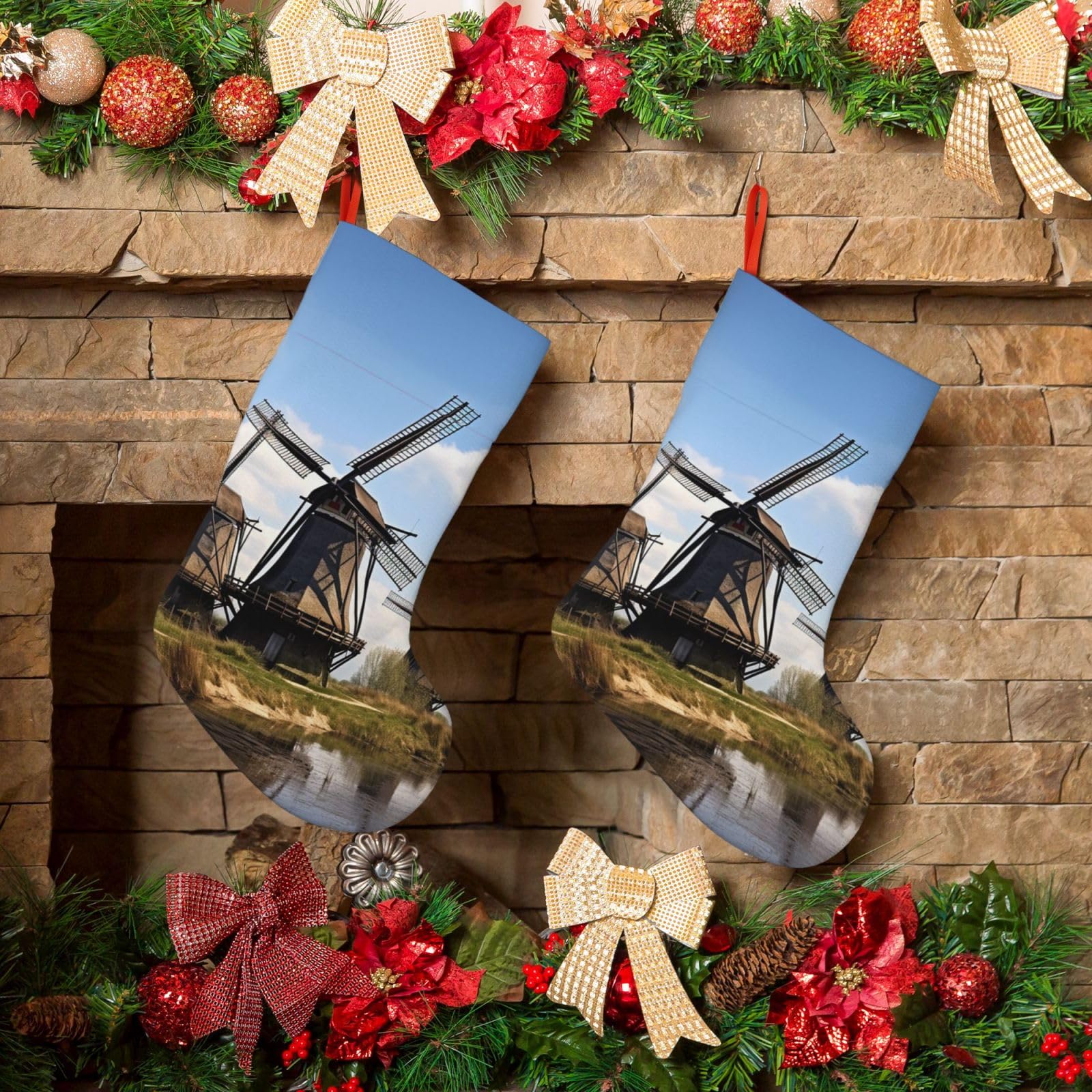 Fodpand Boys Black Windmills Christmas Stockings Hanging Ornaments For Holiday Decor, 18 Inches Velvet Fireplace Hanging Xmas Stocking, Candy Gift Bags For Christmas Decorations