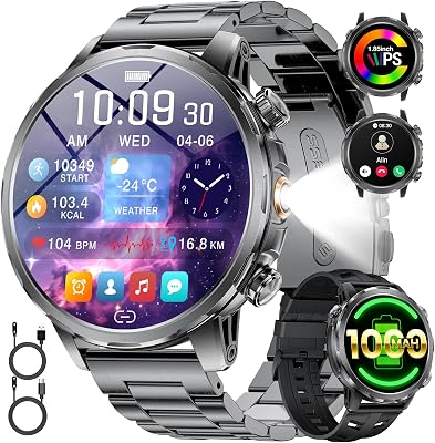 LIGE 1000mAh Großer Akku Smartwatch Herren Militär, 1,85” Sportuhr mit Telefonfunktion,LED Taschenlampe Fitnessuhr mit 100+ Sportmodi, IP68,Herzfrequenz,Schlafmonitor,iOS/Android,2 Armbändern,Schwarz