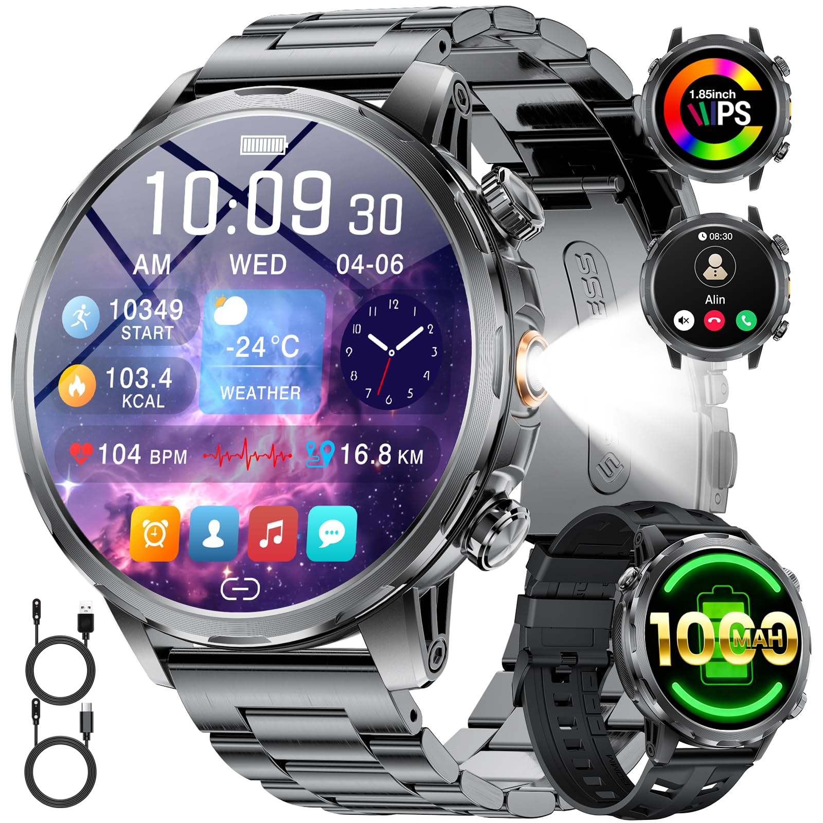 LIGE 1000mAh Großer Akku Smartwatch Herren Militär, 1,85” Sportuhr mit Telefonfunktion,LED Taschenlampe Fitnessuhr mit 100+ Sportmodi, IP68,Herzfrequenz,Schlafmonitor,iOS/Android,2 Armbändern,Schwarz