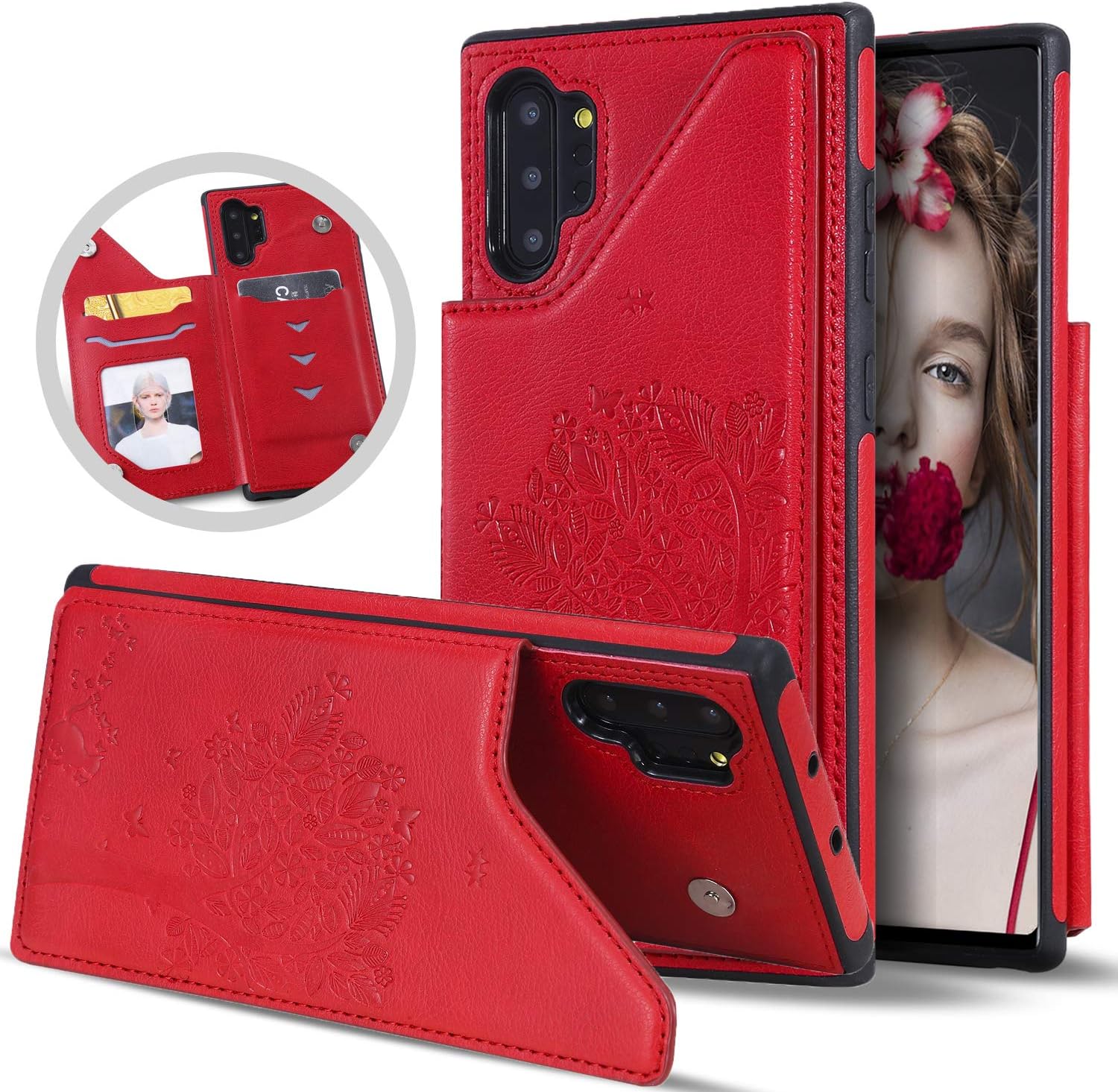 Vodico Samsung Galaxy Note 10 Plus Case Wallet, Note 10+ 5G Phone Case with Card Holder,Slim Leather Vintage Embossed Butterfly Flowers Flip Folio Magnetic Closure Stand Cover for Women (Red02)