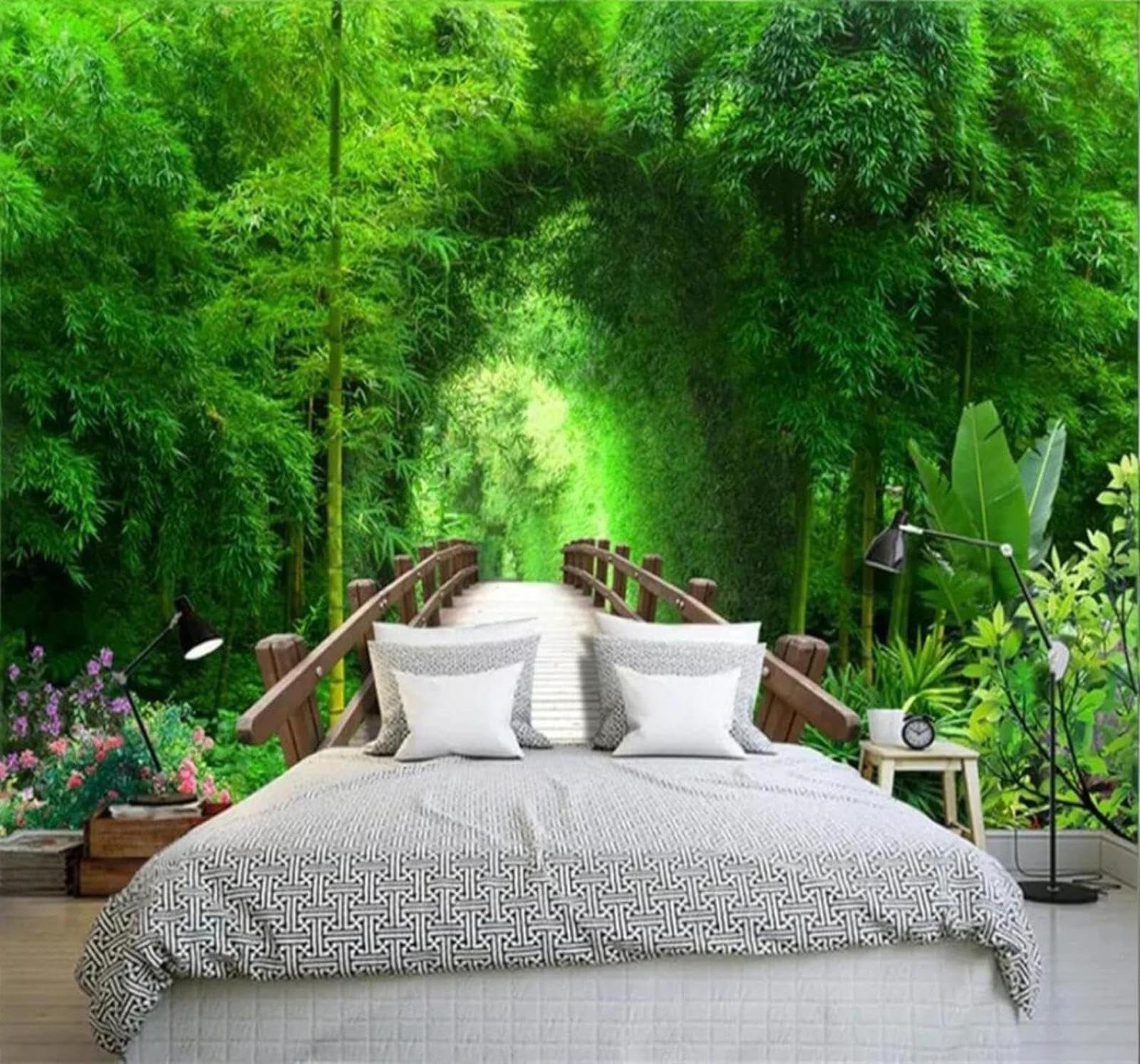 Xlming 350Cm×256Cm(B×H) Fresh Three Dimensional Green Forest Wooden Bridge 3D Wallpaper Silky Texture Home Study Office Grey Dining Room Sofa Bedroom Living Room Tv Backdrop-350Cm×256Cm