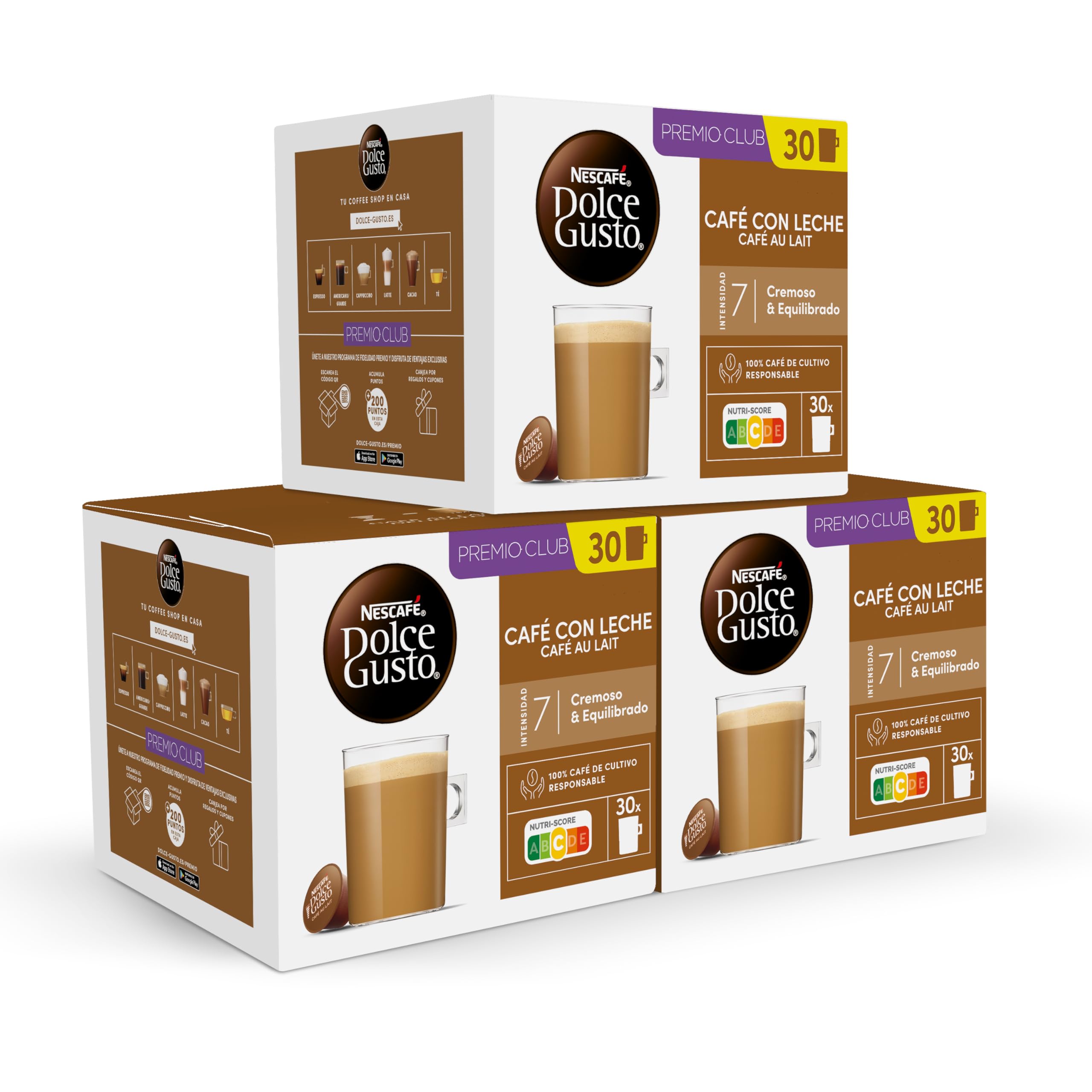 NESCAFÉ Dolce Gusto Café con Leche - Cápsulas de Café, 90 Cápsulas (3 x 30) - Intensidad 7 - Originales para cafeteras Dolce Gusto