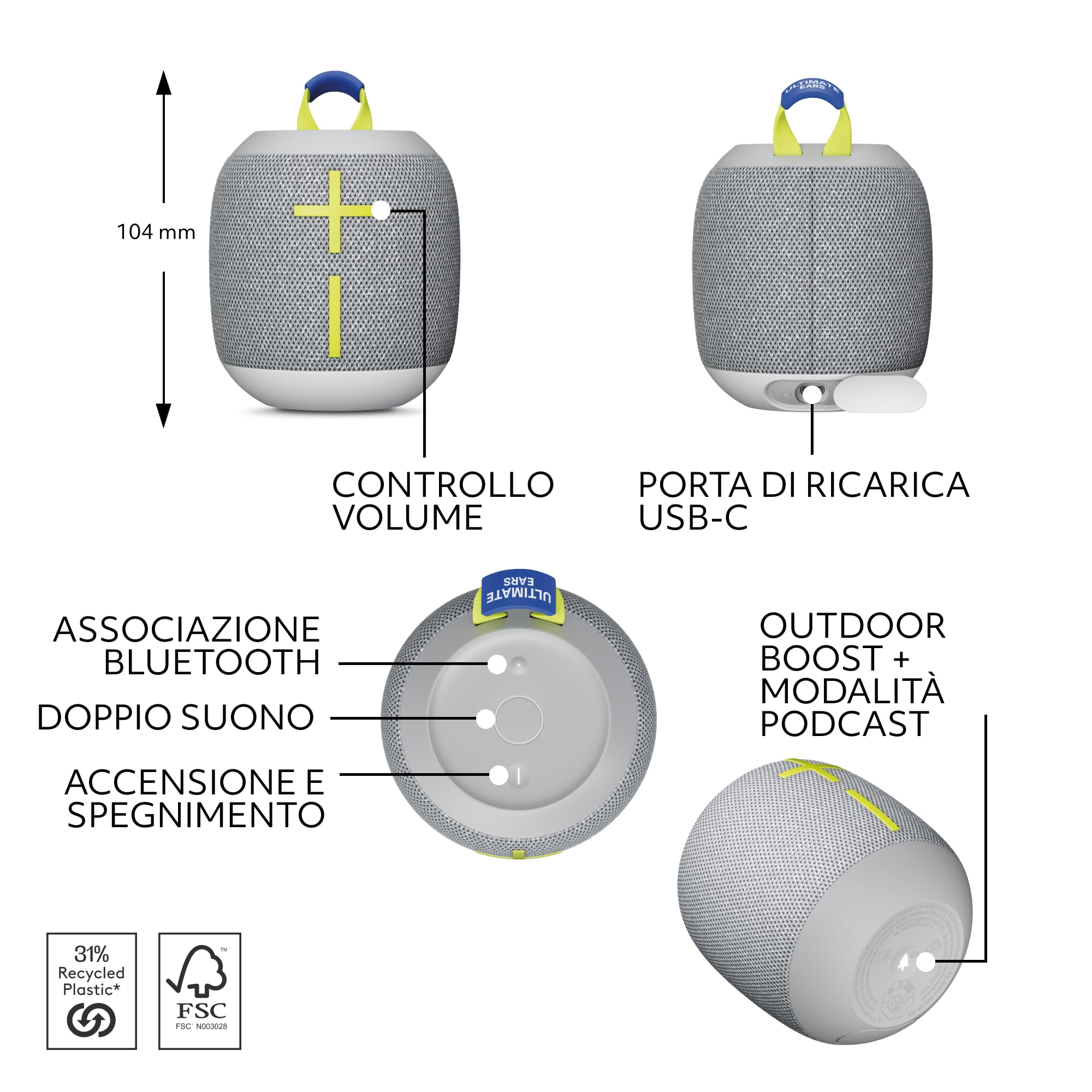 Ultimate Ears Wonderboom 4 Altoparlante Bluetooth portatile impermeabile con bassi grandi e suono a 360 gradi, altoparlante galleggiante antipolvere con portata di 40 m, bianco