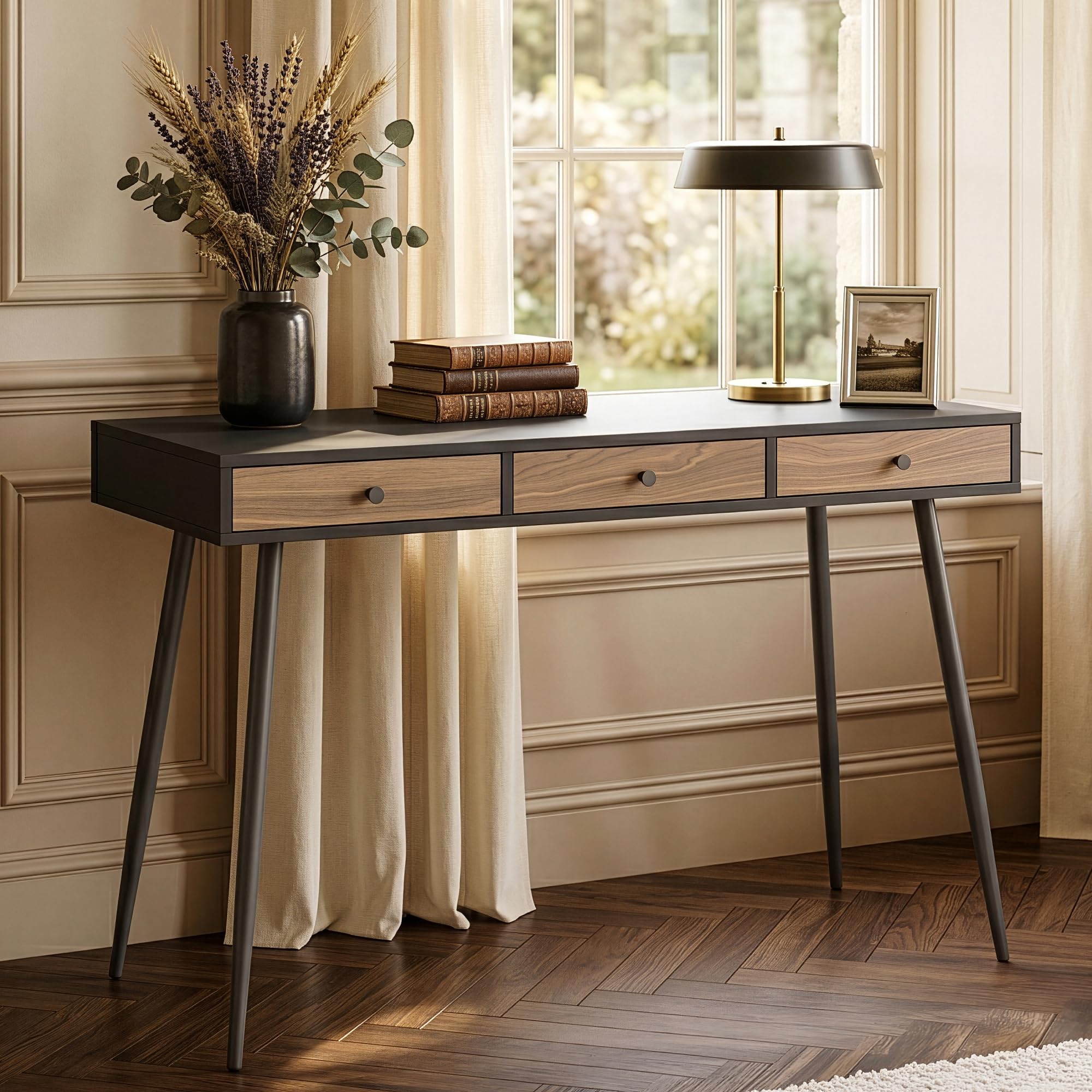 [en.casa] Bureau Tumba avec Grand Plateau Rectangulaire 3 Tiroirs Idéale pour Télétravail Table Design Moderne Intemporel Structure Stable 76 x 115 x 48 cm Noir Effet Noyer