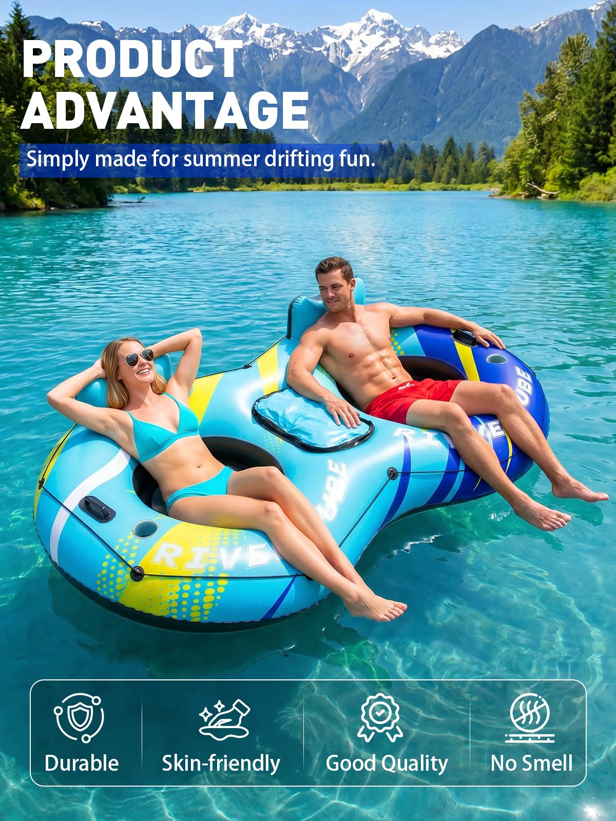 Aufblasbarer Flussreifen, robuster Schwimmreifen mit Kühlbox und Getränkehaltern für Fluss, Pool, See und Strand, ergonomische Rückenlehne, strapazierfähige Grif