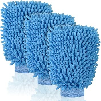 3 Pack Chenille Microfiber Car Wash Mitt, 7" x 9.6", Blue | Car Washing Mitts, Home Dusting Gloves, Scratch Free Lint-Free, Highly Absorbent, Double Sided, for Cleaning Detailing Polish