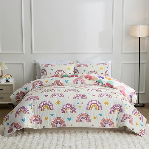 Btargot Juego de edredón ligero y suave de 3 piezas con 2 fundas de almohada, diseño de corazones de amor de dibujos animados, soles y estrellas,