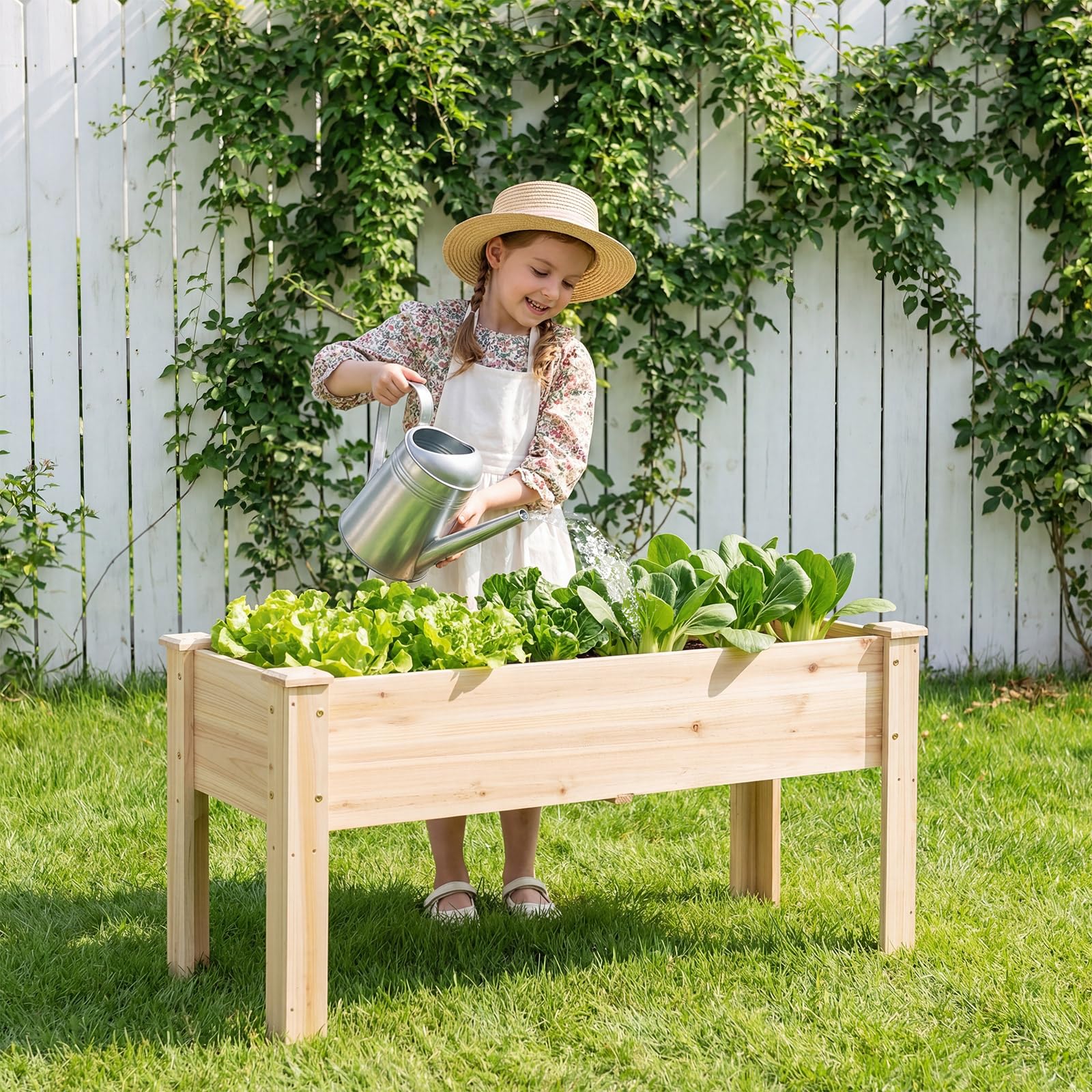 COSTWAY Hochbeet aus Holz, Pflanzbeet für Kinder, 119x45x51cm, Pflanztrog bis 100 kg, Blumenkübel mit Ablauflöchern & L-Beinen, Kräuterbeet rechteckig, Anzuchtbeet Garten Terrasse Balkon, Natur