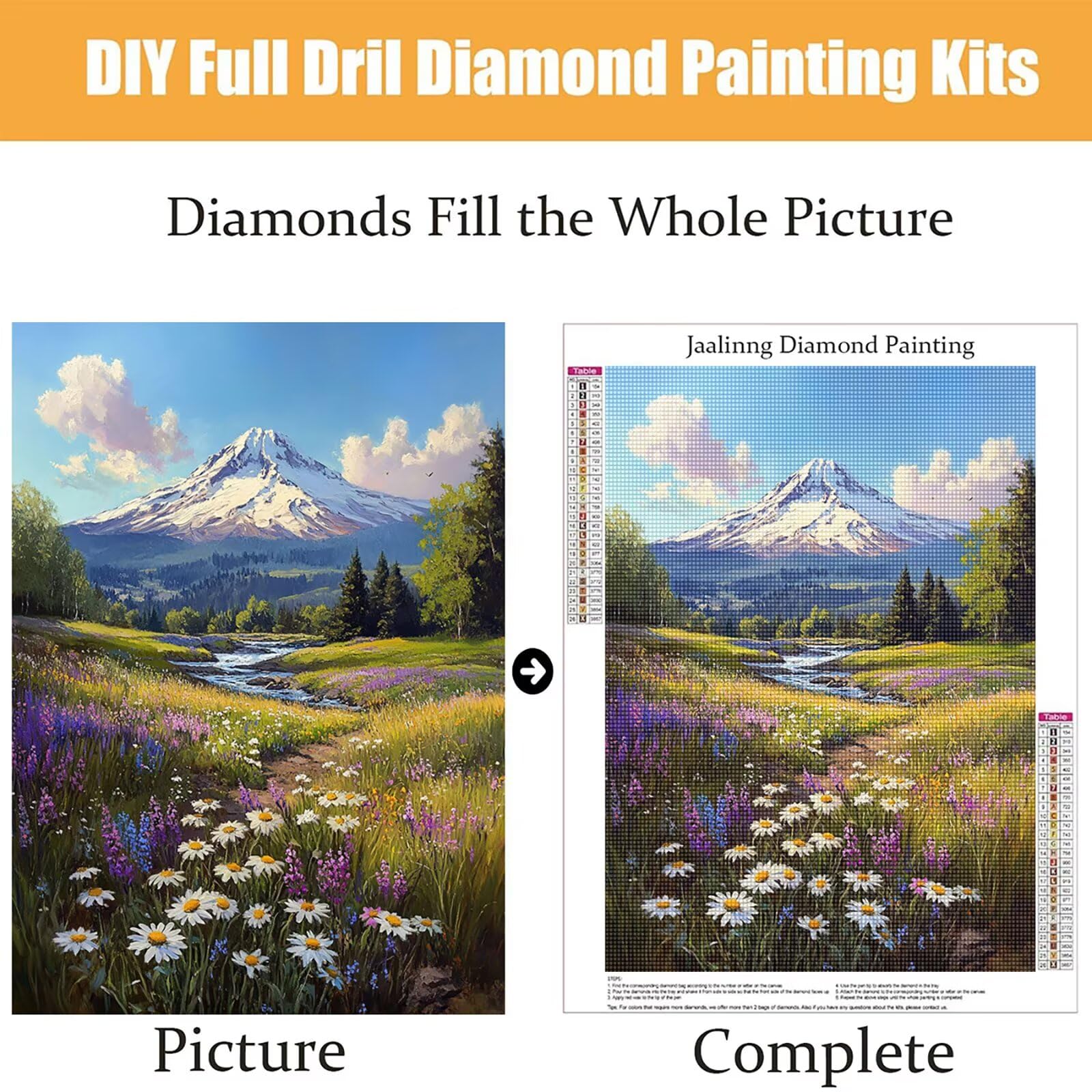 Diamond Painting Kit Completo, Diamond Painting Montagna Innevata, 5D Pittura Diamante Kit Manualidades Adultos DIY Diamantini Crystal Art Disegni Ricamo a Punto Croce Artigianale,60x90cm Fiori j0-588