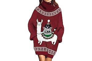 Womens Ugly Christmas Xmas Oversize Turtleneck Pullover Sweater Dress with Pockets