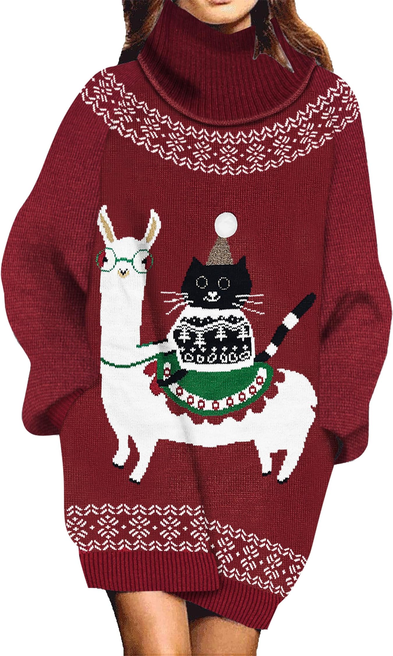 Womens Ugly Christmas Xmas Oversize Turtleneck Pullover Sweater Dress with Pockets