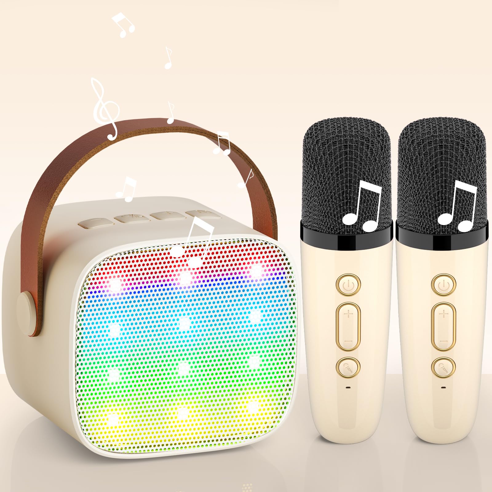 Karaoke Maschine mit 2 Drahtlosen Mikrofonen Wowstar Tragbares Bluetooth Karaoke Maschine für Kinder Erwachsene mit Stimme wechselnde Effekte & LED-Lichter Jungen Mädchen Geschenke Heimparty(Beige)